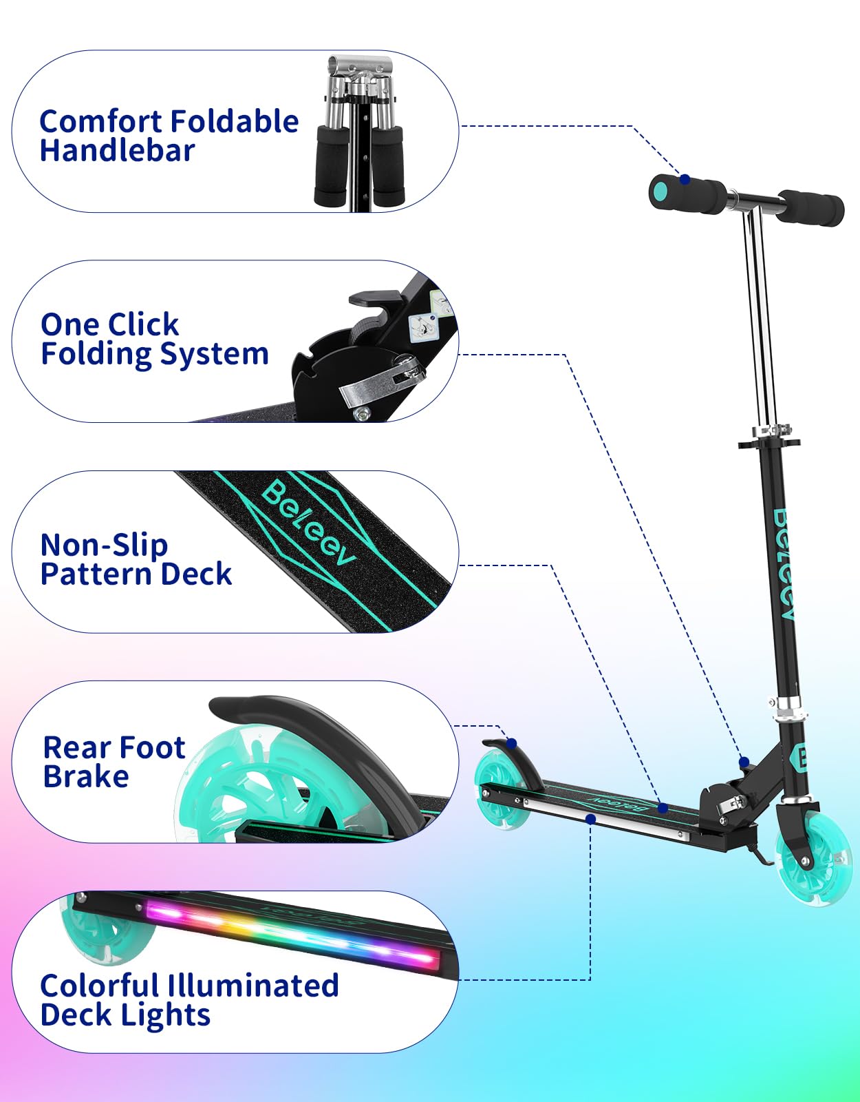 BELEEV V1Plus Roller Kinder 6 Jahre, Faltbare Scooter Kinder mit LED Leuchtenden Räder und Deck, 3 Höhenverstellbarer, Rutschfestes Deck, 2 Räder Kinderroller mit Ständer für Mädchen Jungen 3-12 Jahre