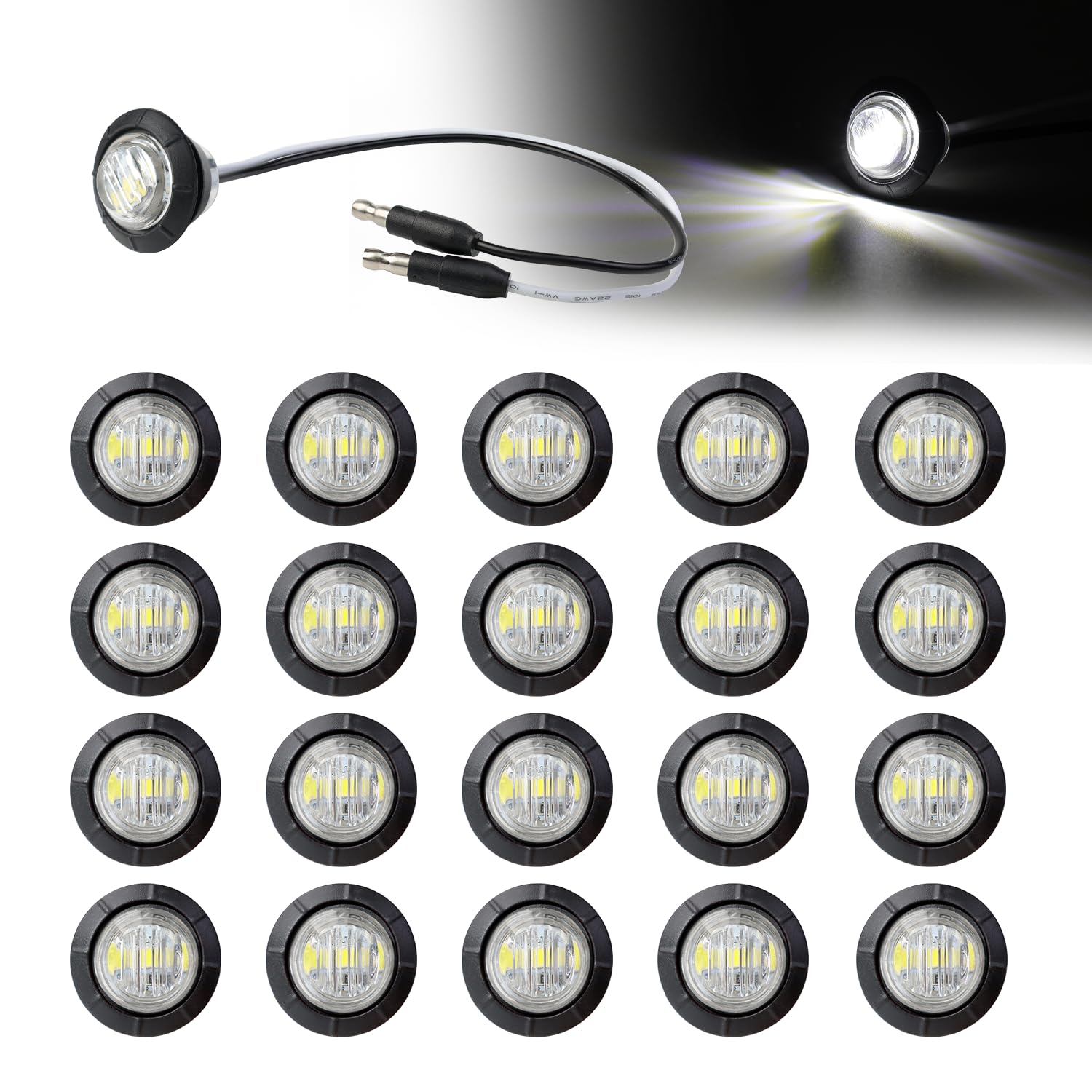 20 Pcs 3/4 Inch Mini Round White Side Marker Lights 3 LED with Connector Plugs for Trailer Truck Lorry SUV ATV RV Bus Clearance Signal Lamps 12V DC