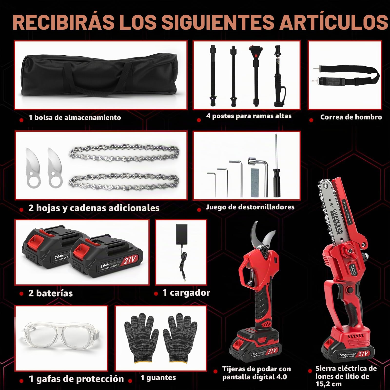 6 Pulgadas Mini Motosierra Telescopica & 55 mm Tijeras de Podar Eléctricas, 4 en 1 Kit de Herramientas de Jardín con 2 * 2 Ah Baterías, Alcance Máximo Hasta 4,5 m