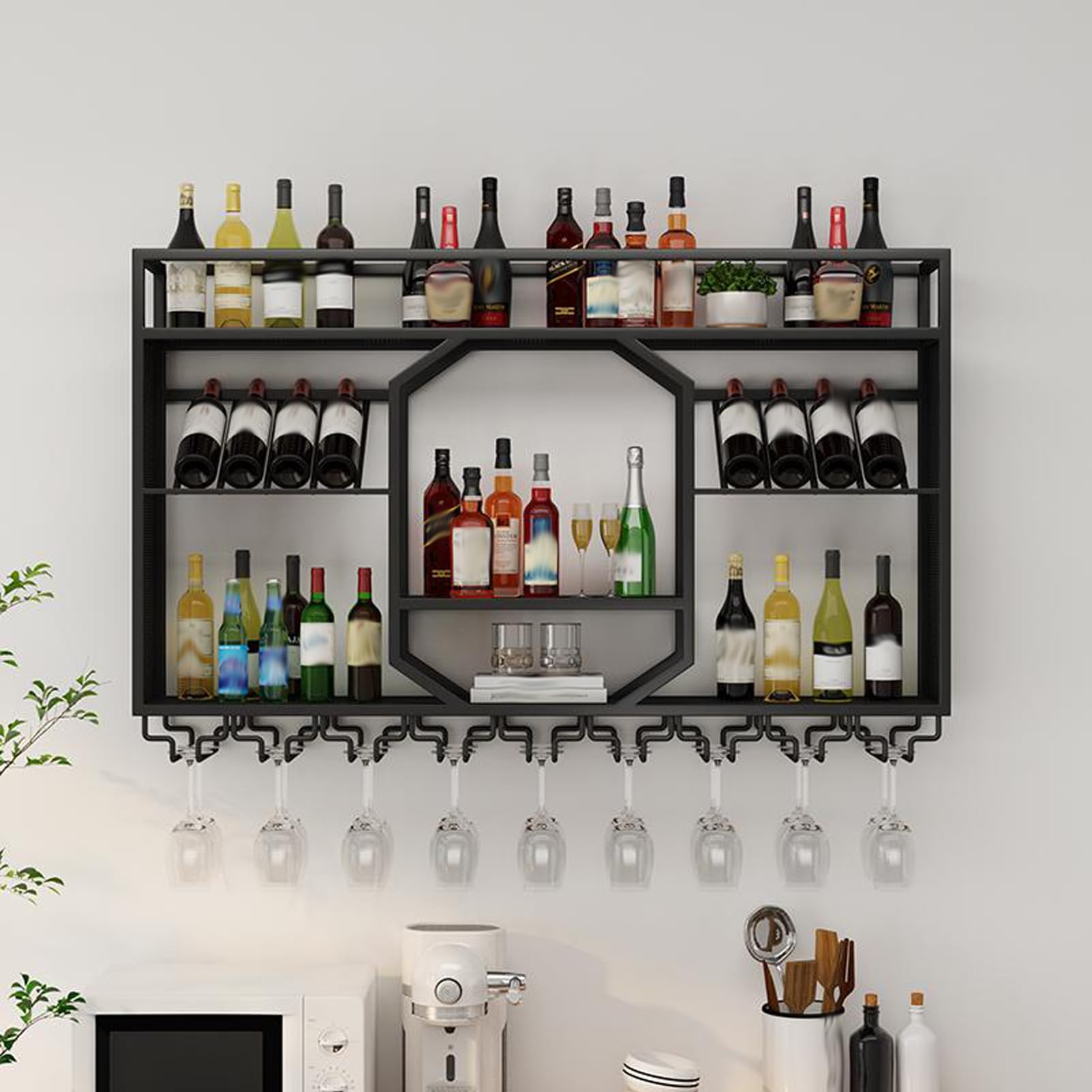 Rack à vin mural avec porte-verre noir de 100cm pour cuisine