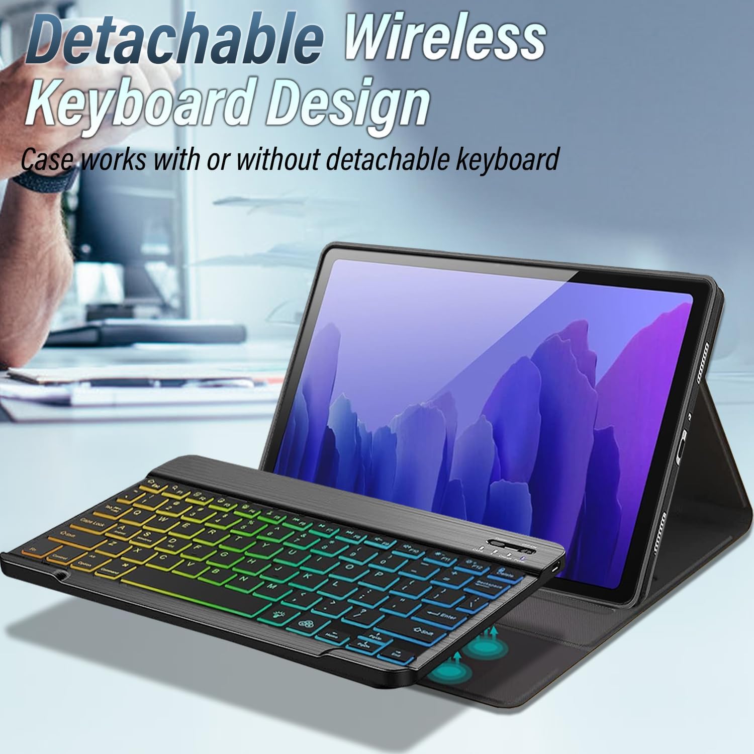 Case with Keyboard for Samsung Galaxy Tab A7 10.4-Inch 2020 (SM-T500/T505/T507), 7 Color Rainbow Backlight Detachable Bluetooth Keyboard Cover for Tablet A7 (A7 10.4 2020)