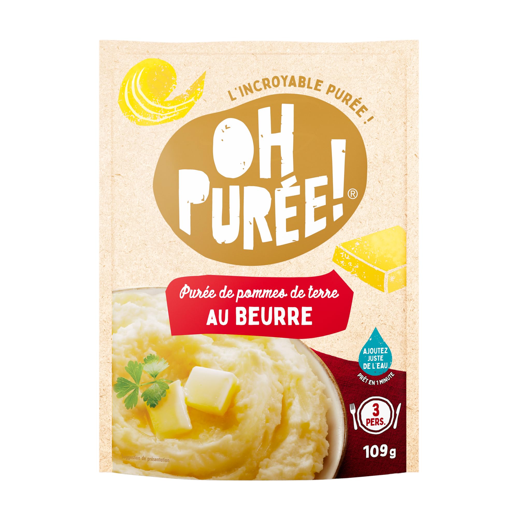 Oh Purée Carton de 12 Sachets de 109g de purée beurre-Une purée prête en seulement une minute, en ajoutant juste de l'eau