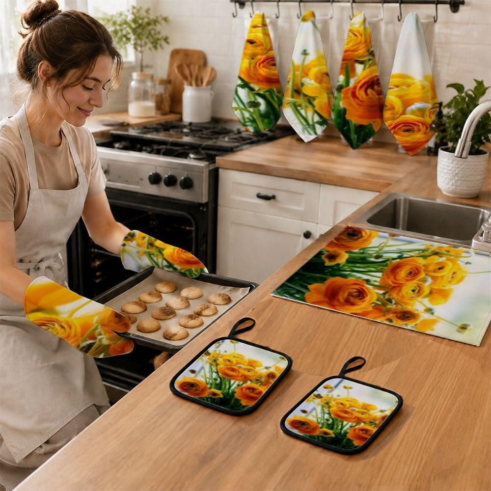 9PCS Giallo Ranunculus Bouquet Cucina Decor e Accessori Set