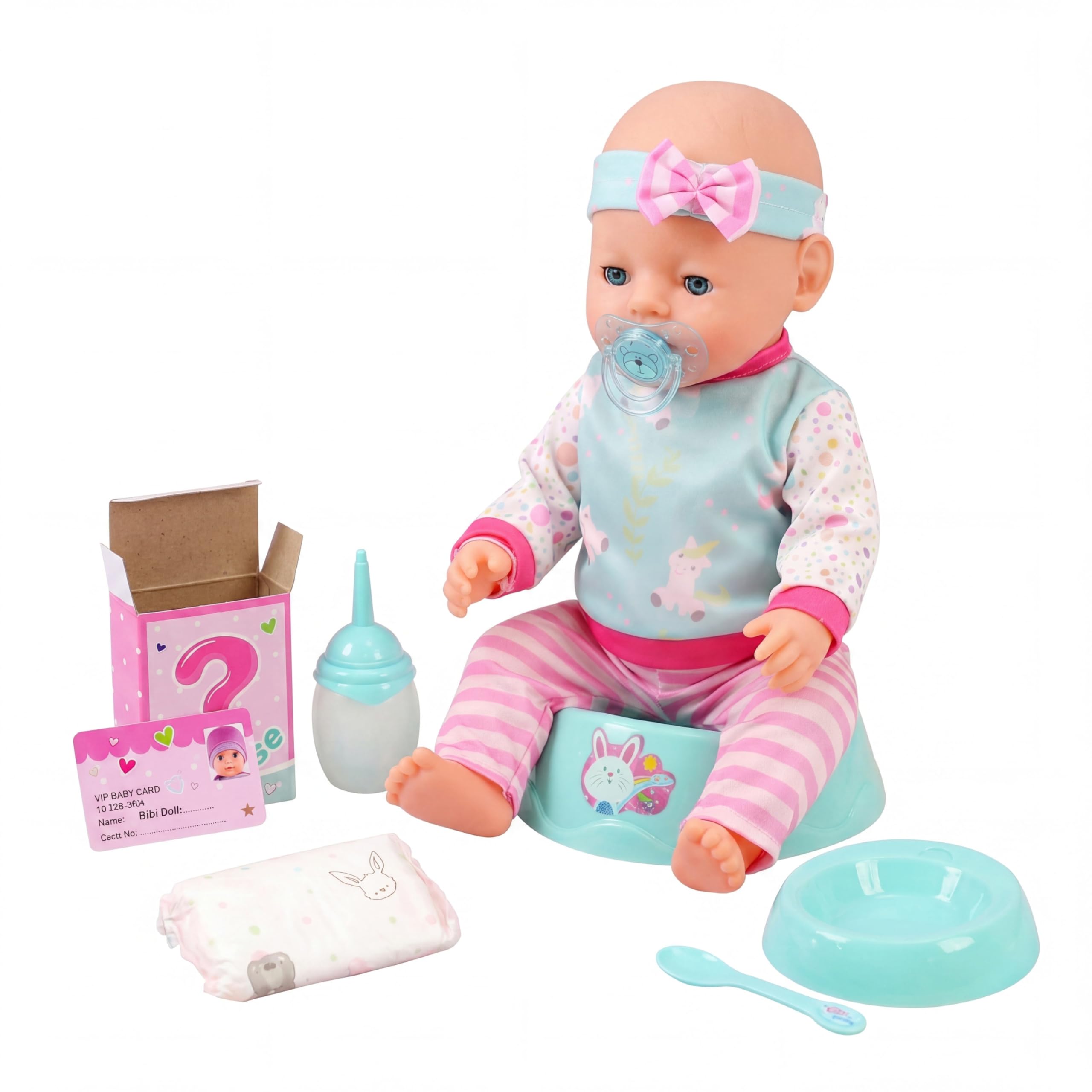Bibi Doll 18" Interactive Baby Doll with Accessories - Lifelike Drinking, Wetting and Crying Functions - Includes Water Bottle, Dummy, Nappy, Potty, Feeding Playset - Realistic Baby Doll Accessories