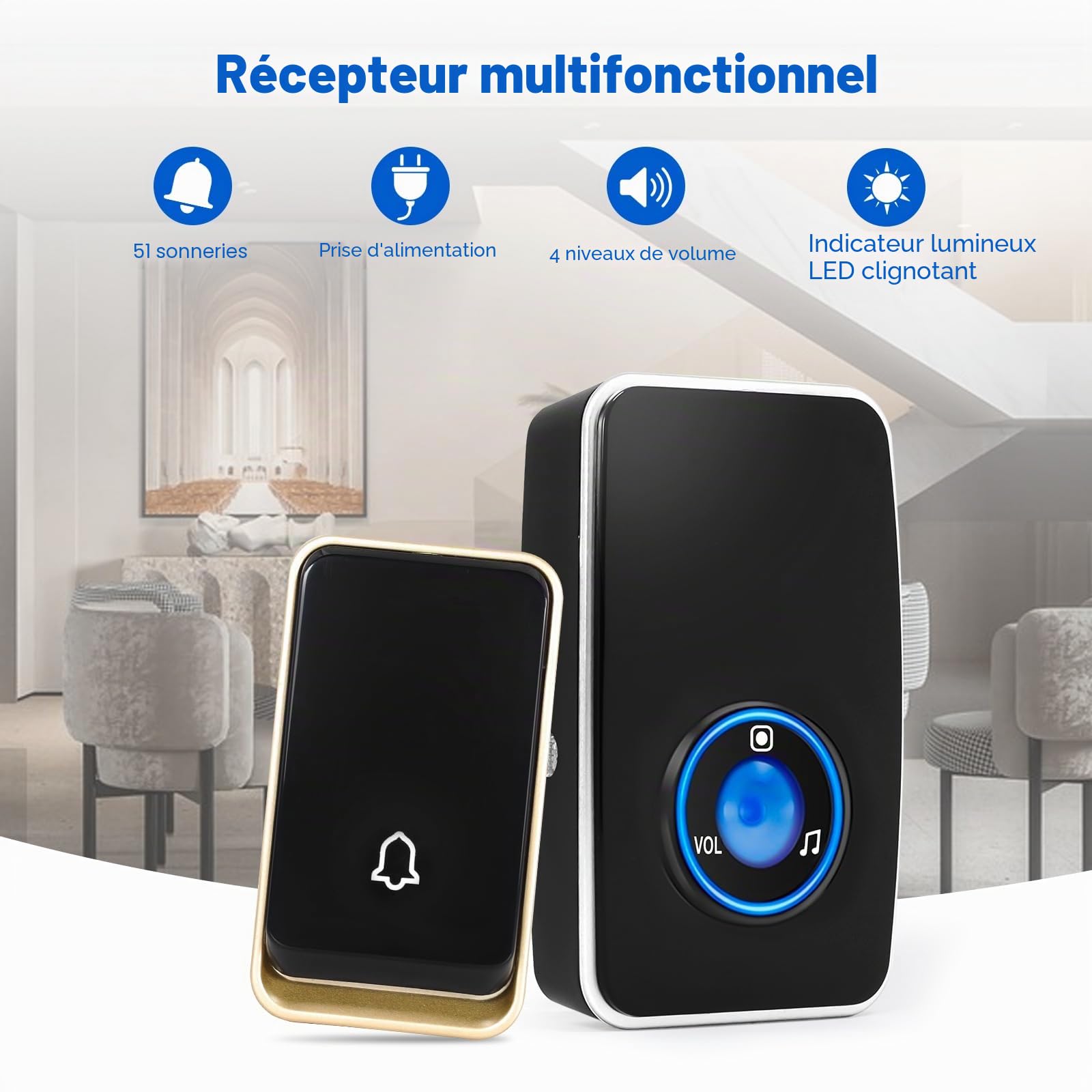 【Pas de pile nécessaire】 Sonnette de porte sans fil étanche AURTEC avec 1 récepteur et 2 presses à propulsion automatique, 51 carillons, 4 niveaux de volume, noir.