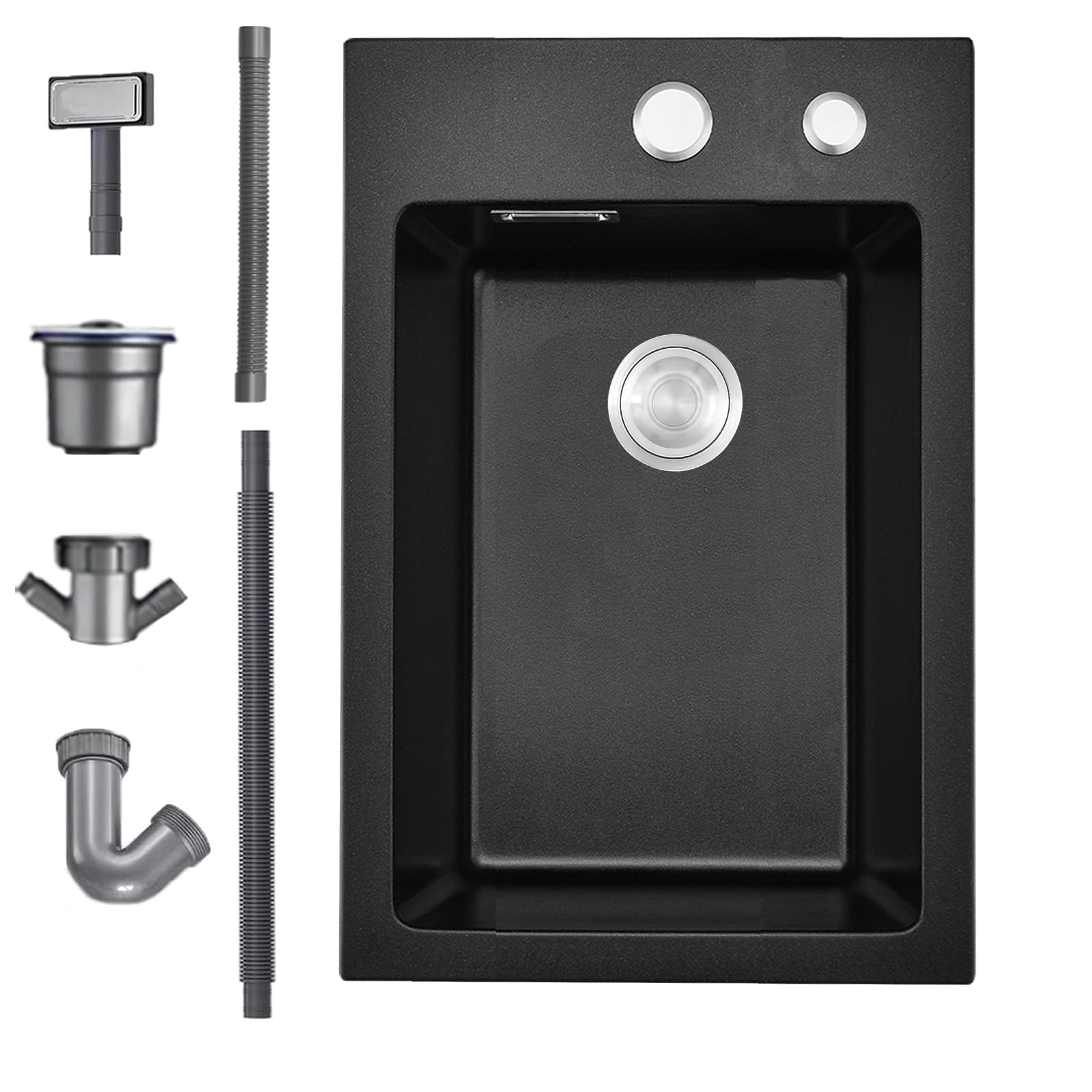 Bokaiya Black Kitchen Sink, 35x45cm Quartz Composite Kitchen Waste Kit, Drop in Topmount Sink Single Bowl, Deep Campervan with 2 Tap Holes and Siphon, Suitable for Workstation