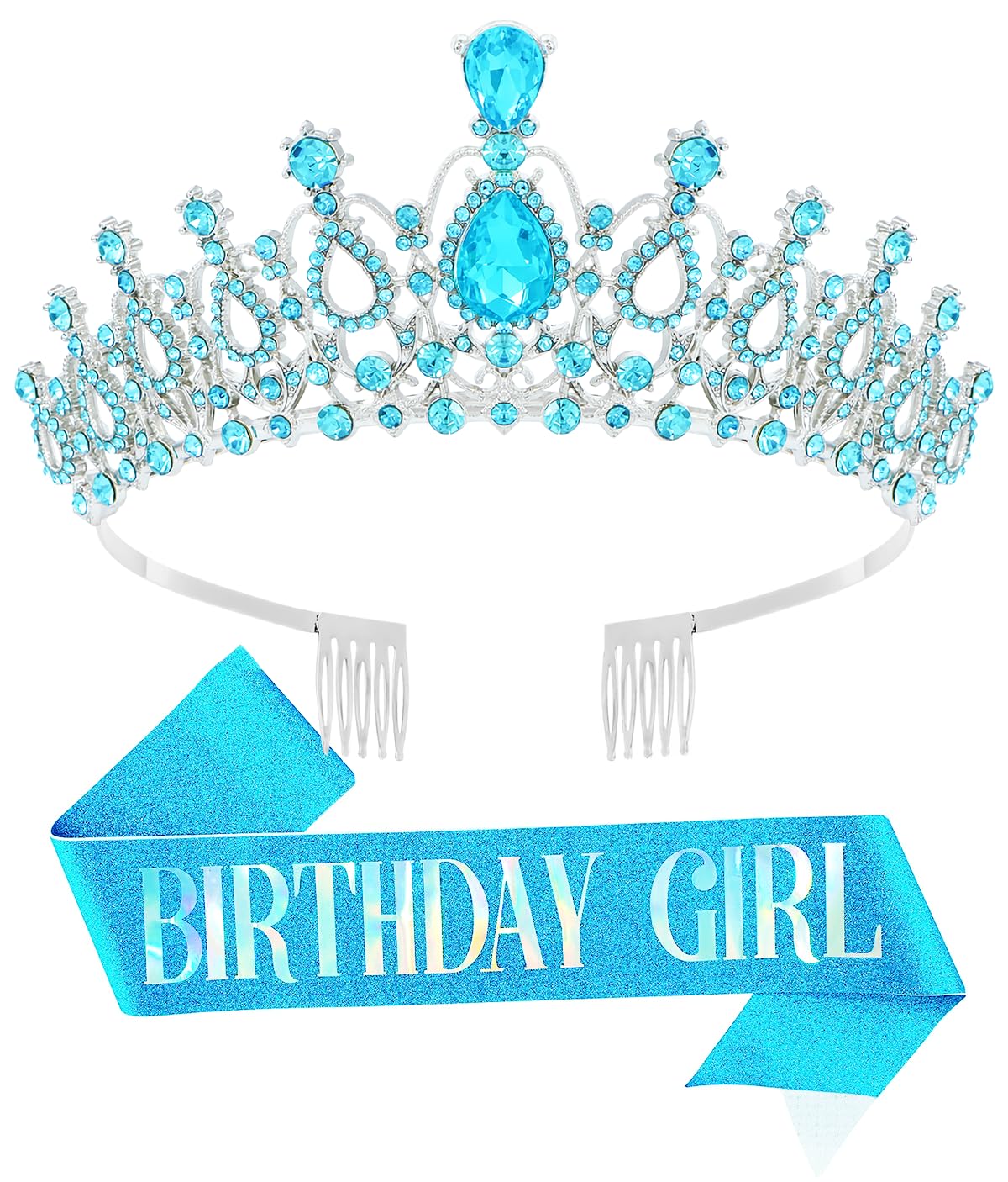 Papoopy Birthday Tiara and Crown with Sash for Women, Hair Accessories for Wedding Party Costume (B - Blue)