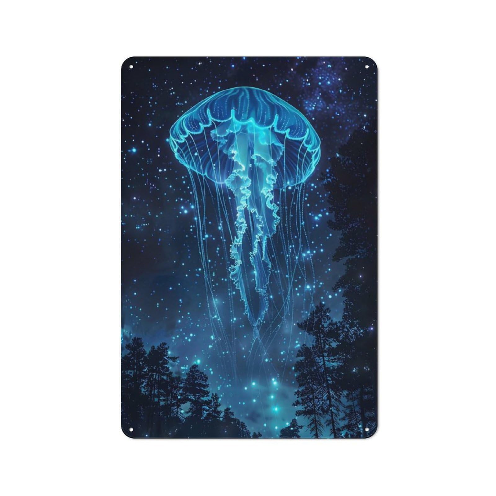 Junmoney Glowing Jellyfish In Starry Night Forest Tin Sign With Design 30X20cm, Classic Studio Wall Plaque For Workspace, Cafe, Shop Or Desk Area