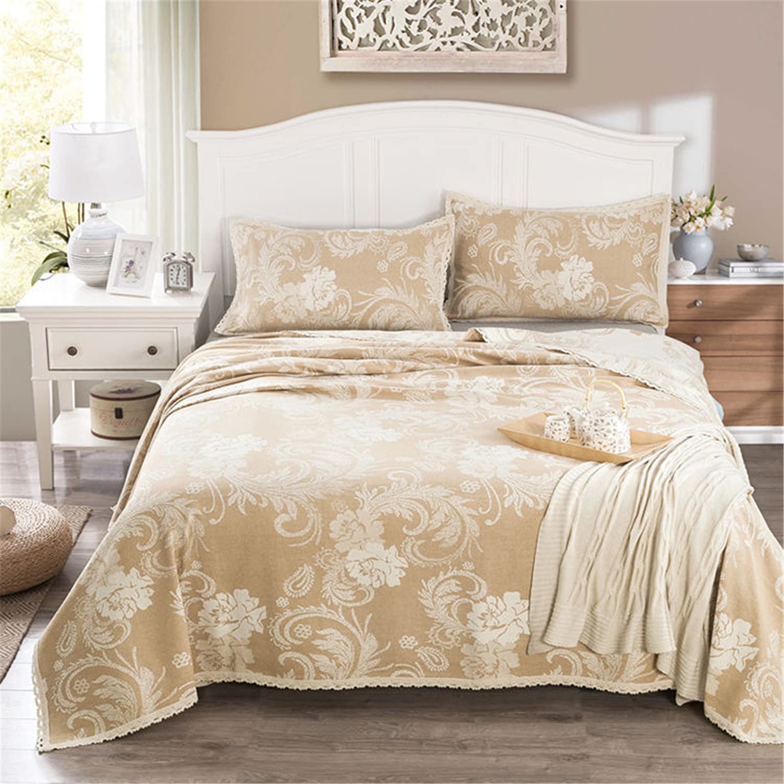 Couvre-lit en lin jacquard pour chambre parentale, jeté de lit beige floral toutes saisons