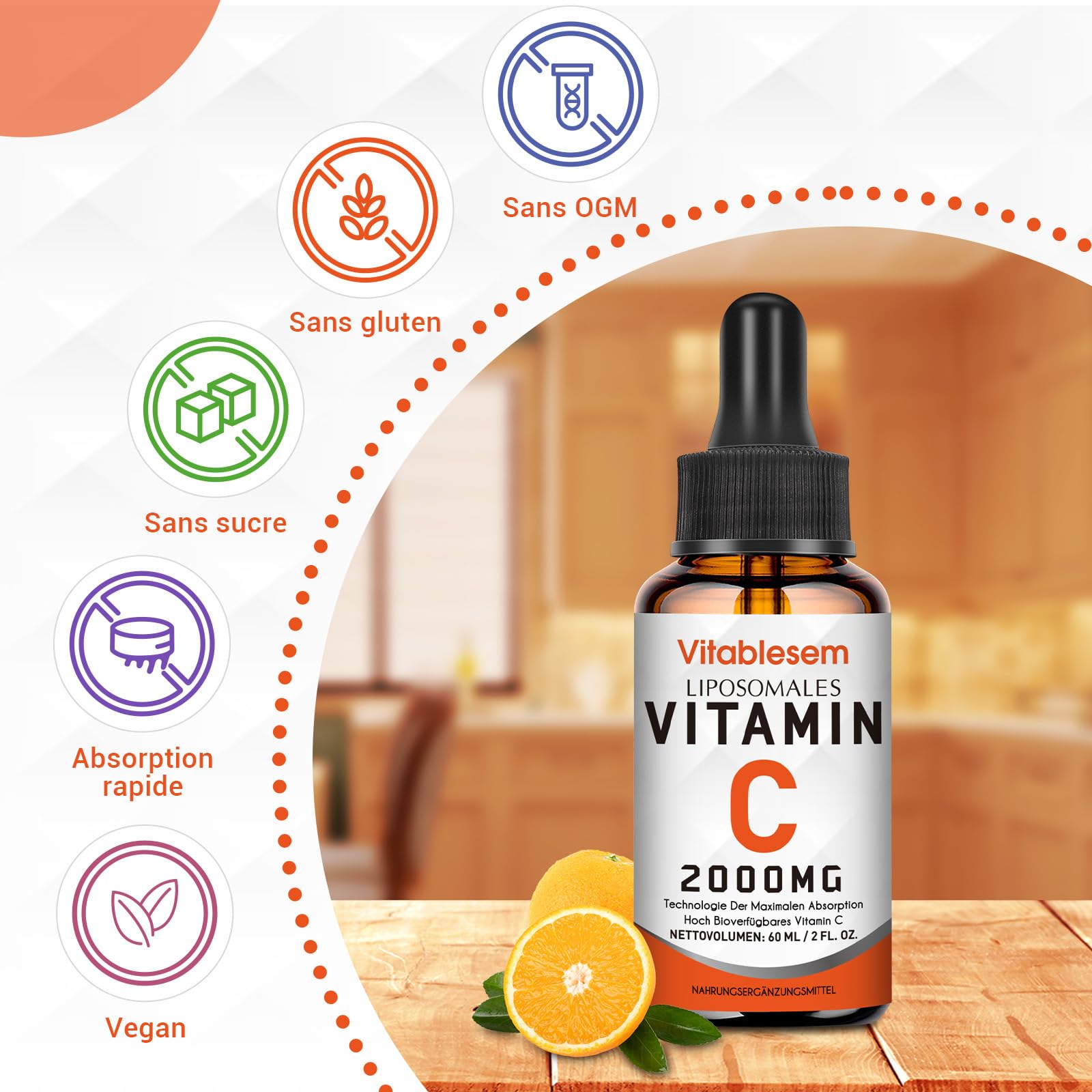 Vitamine C liposomale liquide 2000 mg, gouttes, 2 flacons | Formule végane avec acide ascorbique hautement dosé et absorption maximale pour la routine quotidienne