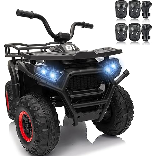 Kids ATV 4 Wheeler, 24V 4WD Ride on Toys Car w/Kneepads, Bluetooth Music, LED Lights, Rear Storage Rack, Spring Suspension, Safe Soft Start&Brake, Electric ATV for Kids Boys Girls, L Black