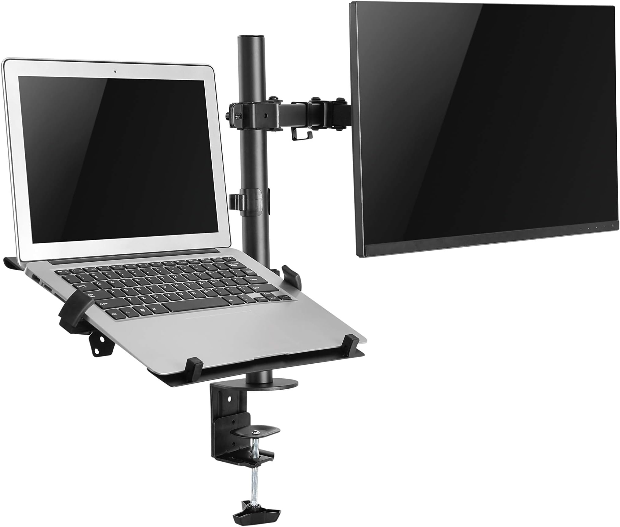 Dual Monitor Stand Arm With Laptop Tray |Supports 13-32 inch Screen,3 year Warranty |9 kg Weight Cap. per Arm| Height Adjustable Monitor and Laptop Mount Arm| Tilt, Rotation, Swivel Feature