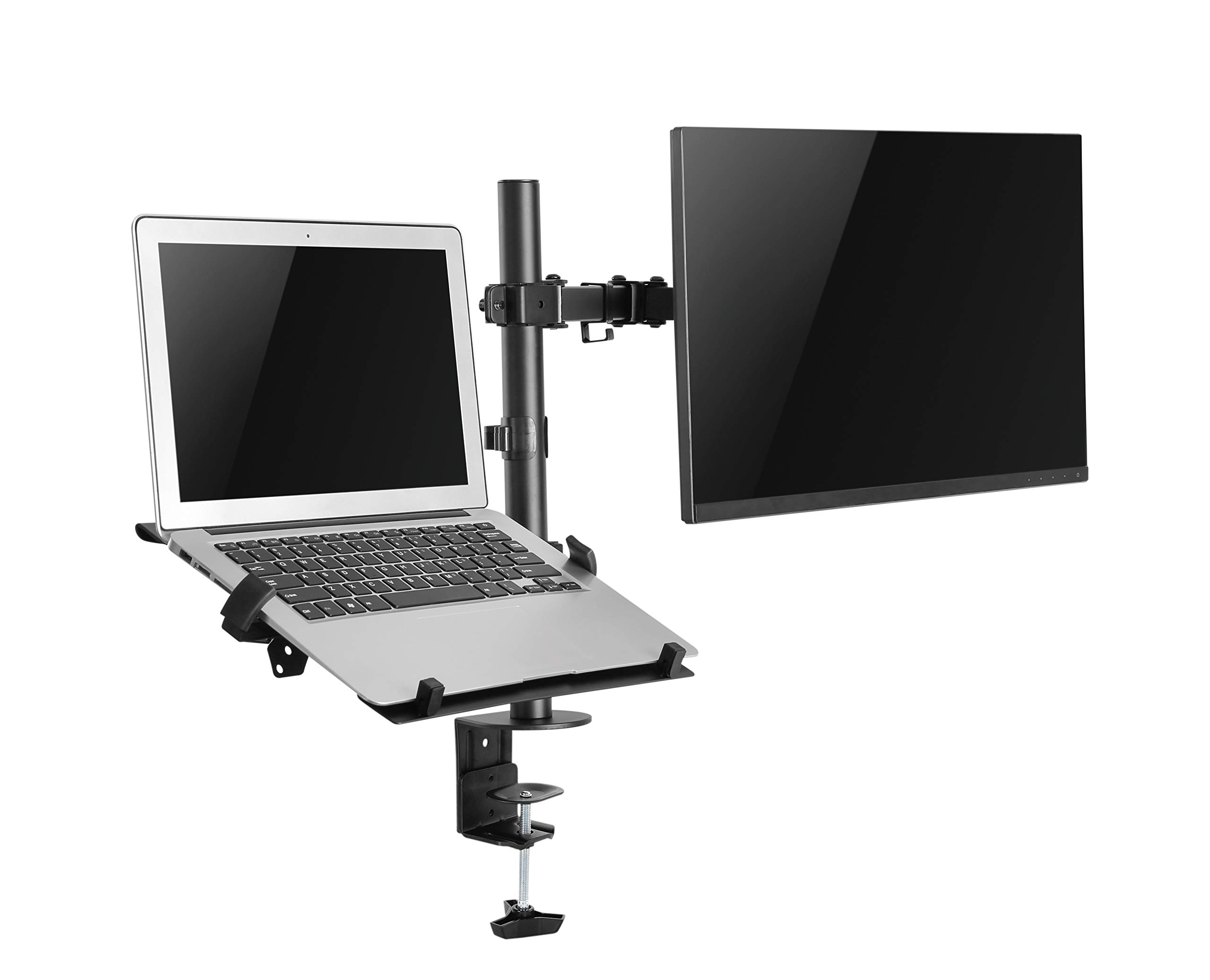 JIN OFFICE Dual Monitor Stand Arm With Laptop Tray | Supports upto 32 inches and 8 kg Weight Cap. per Arm| Height Adjustable Monitor Stand With Laptop Plate