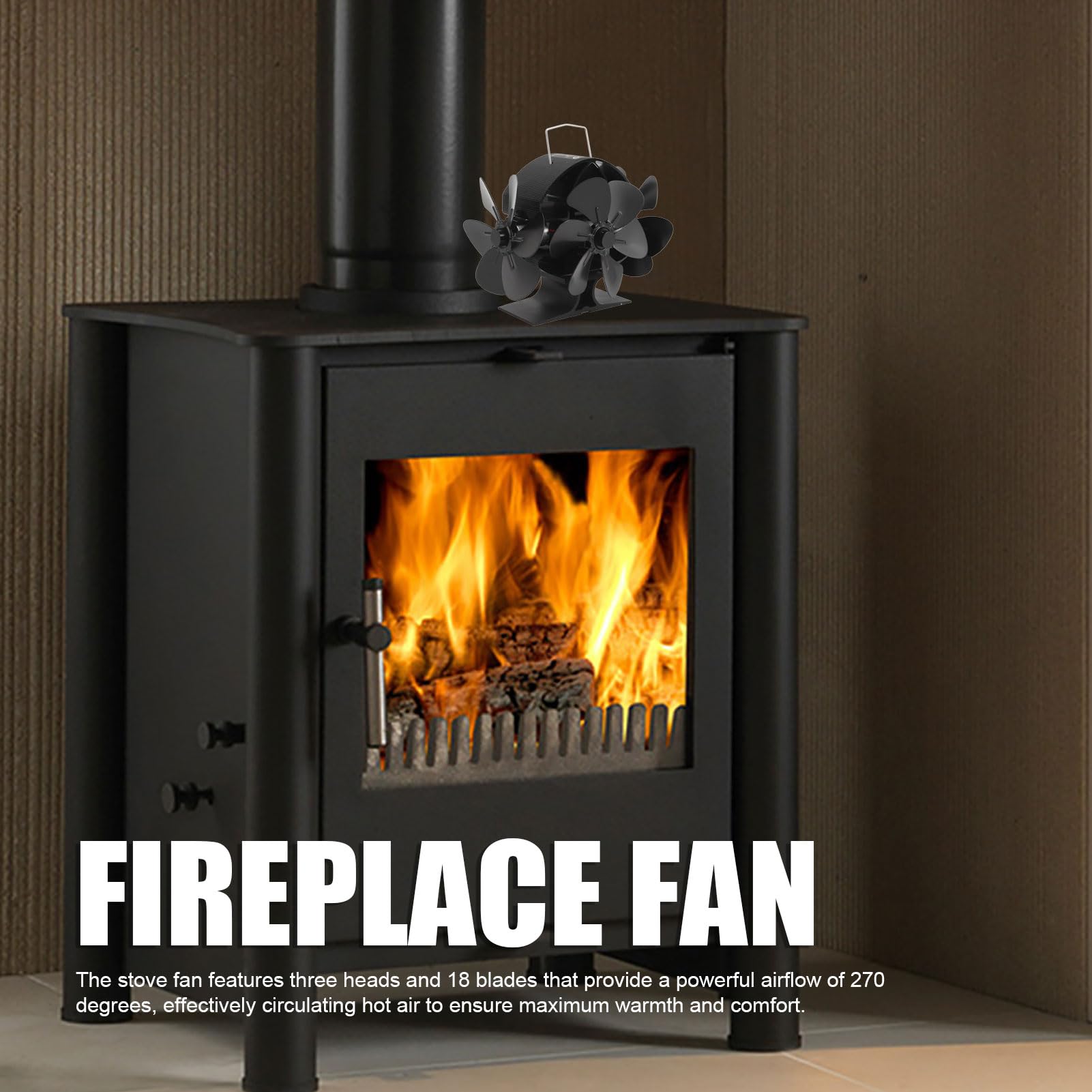 Ventilador de estufa accionado por calor, 3 cabezales de 18 palas de 270 ° de aluminio oscilante soplando ventilador de chimenea con manija de cubierta protectora para estufa de
