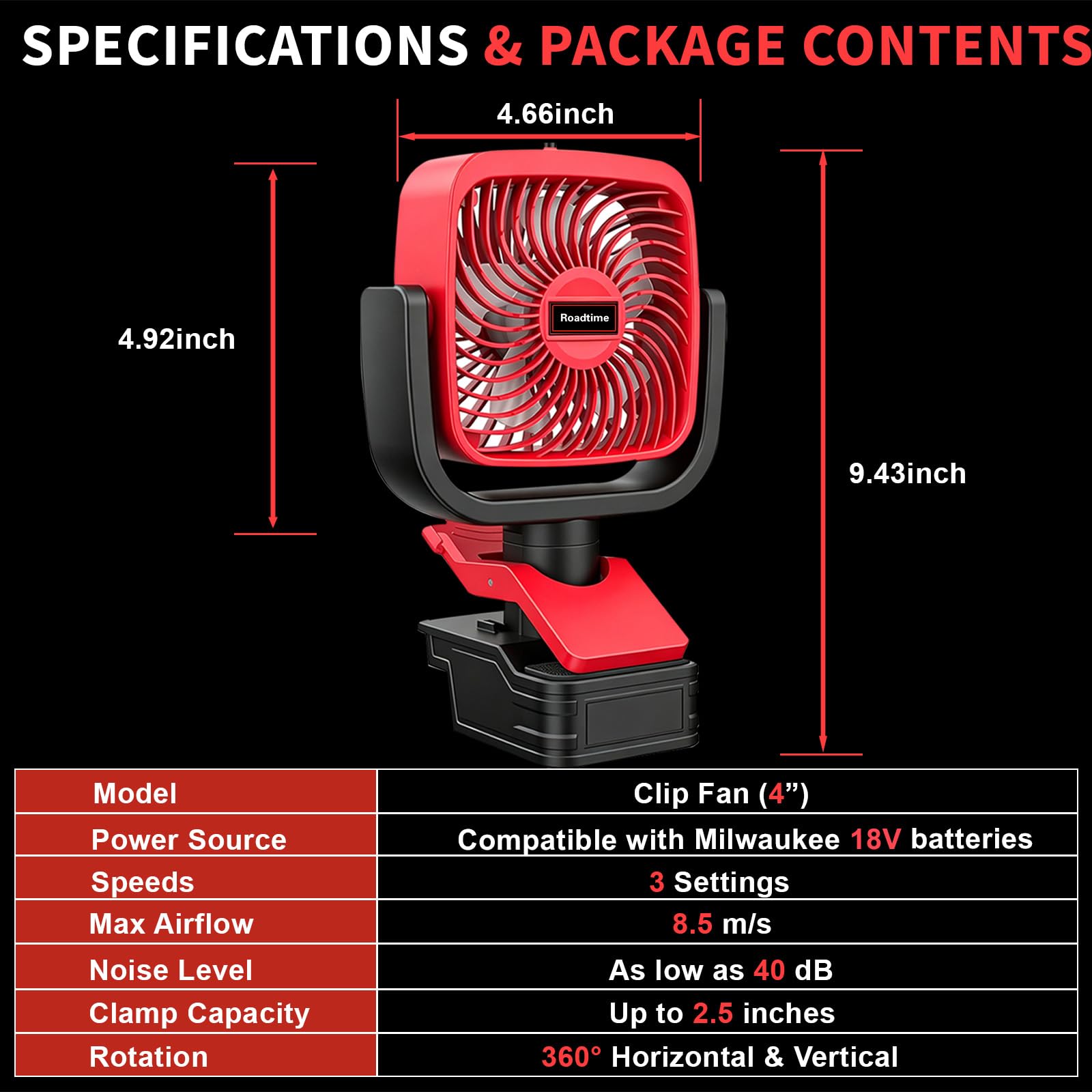 Roadtime Ventilateur à clip sans fil pour Milwaukee 18V (sans batterie) | 4 pouces, ventilateur portable à clip, 3 vitesses, angle d'inclinaison réglable, pour camping, voyage, chantier