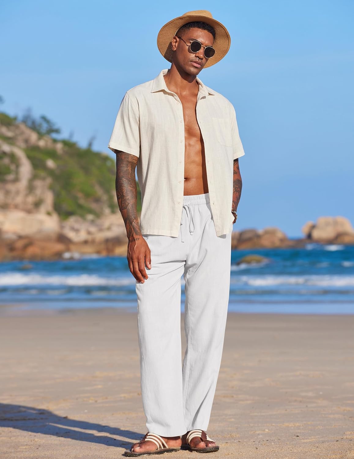 COOFANDY Men's Casual Linen Summer Beach Pants Lightweight Drawstring Elastic Waist Yoga Trousers - Image 3