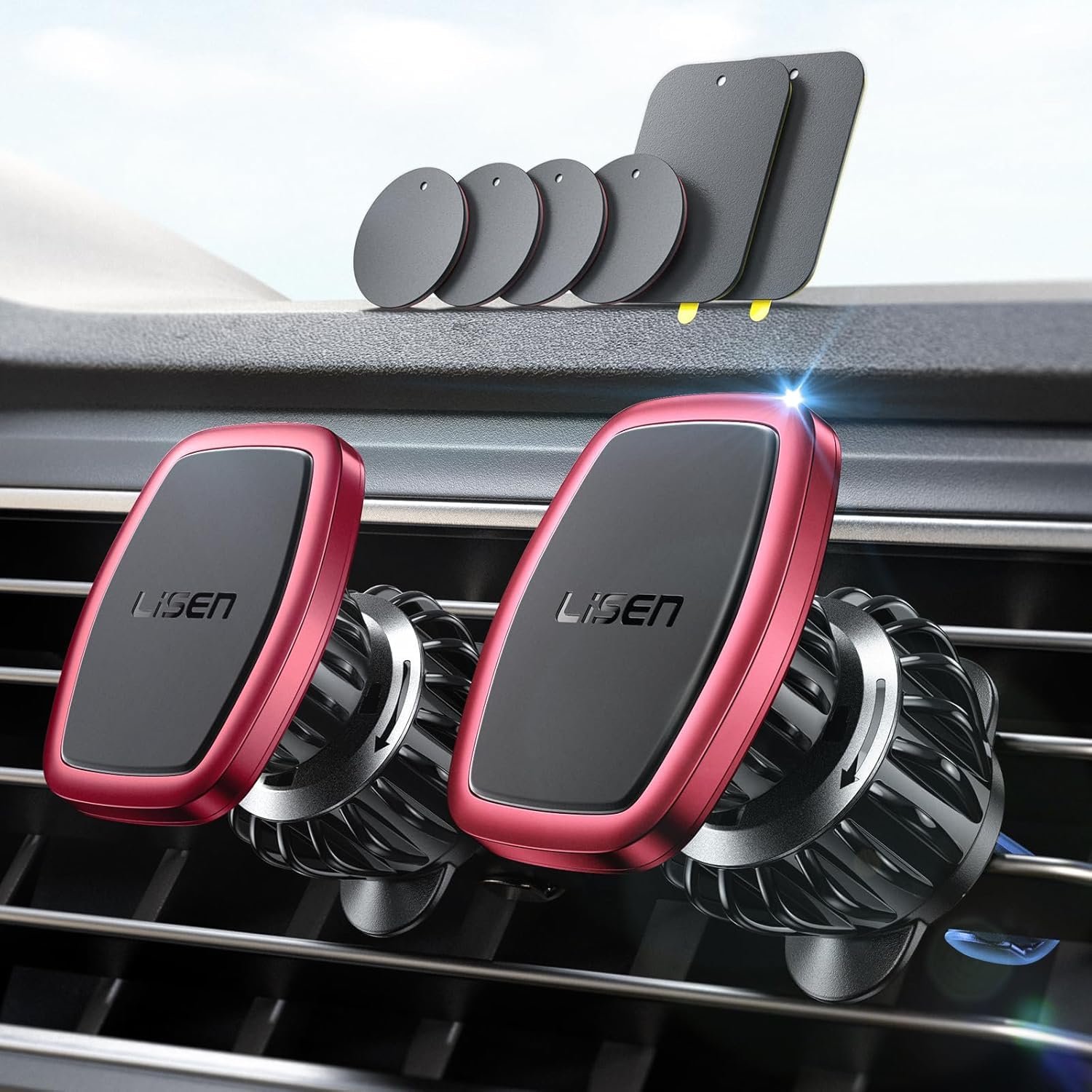 LISEN 2 Pack Magnetic Phone Holder for Your Car Mount 6 Military Magnets Car Phone Holder Mount Vent Cell Phone Holdeer Mount Vent Cell Phone Holder (Red)