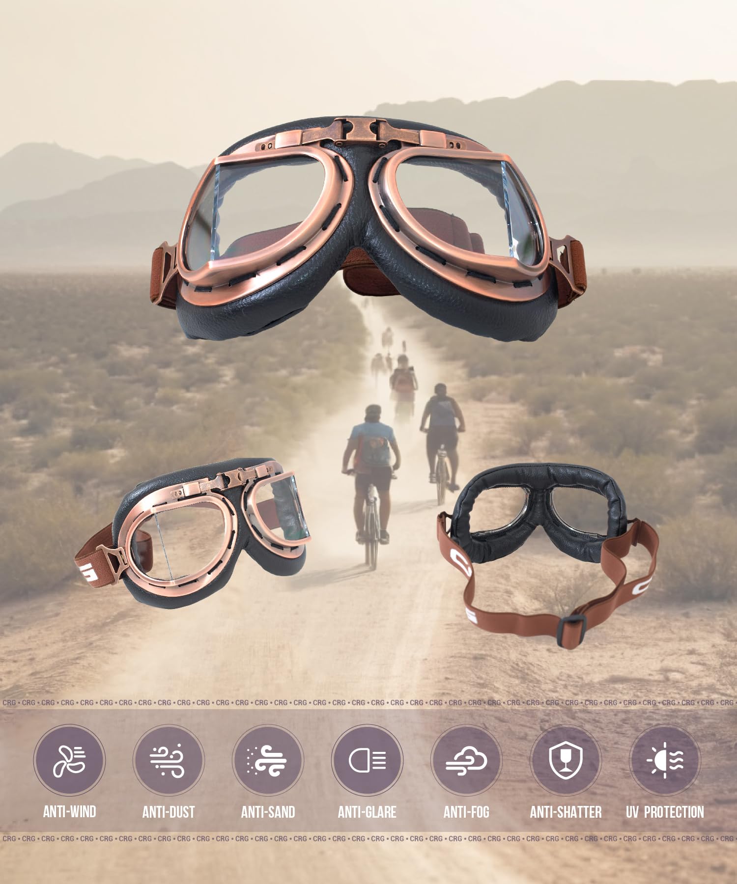 CRG Sports Gafas de motocicleta estilo aviador vintage estilo piloto para motocicleta, crucero, scooter, para hombre, mujer, adulto