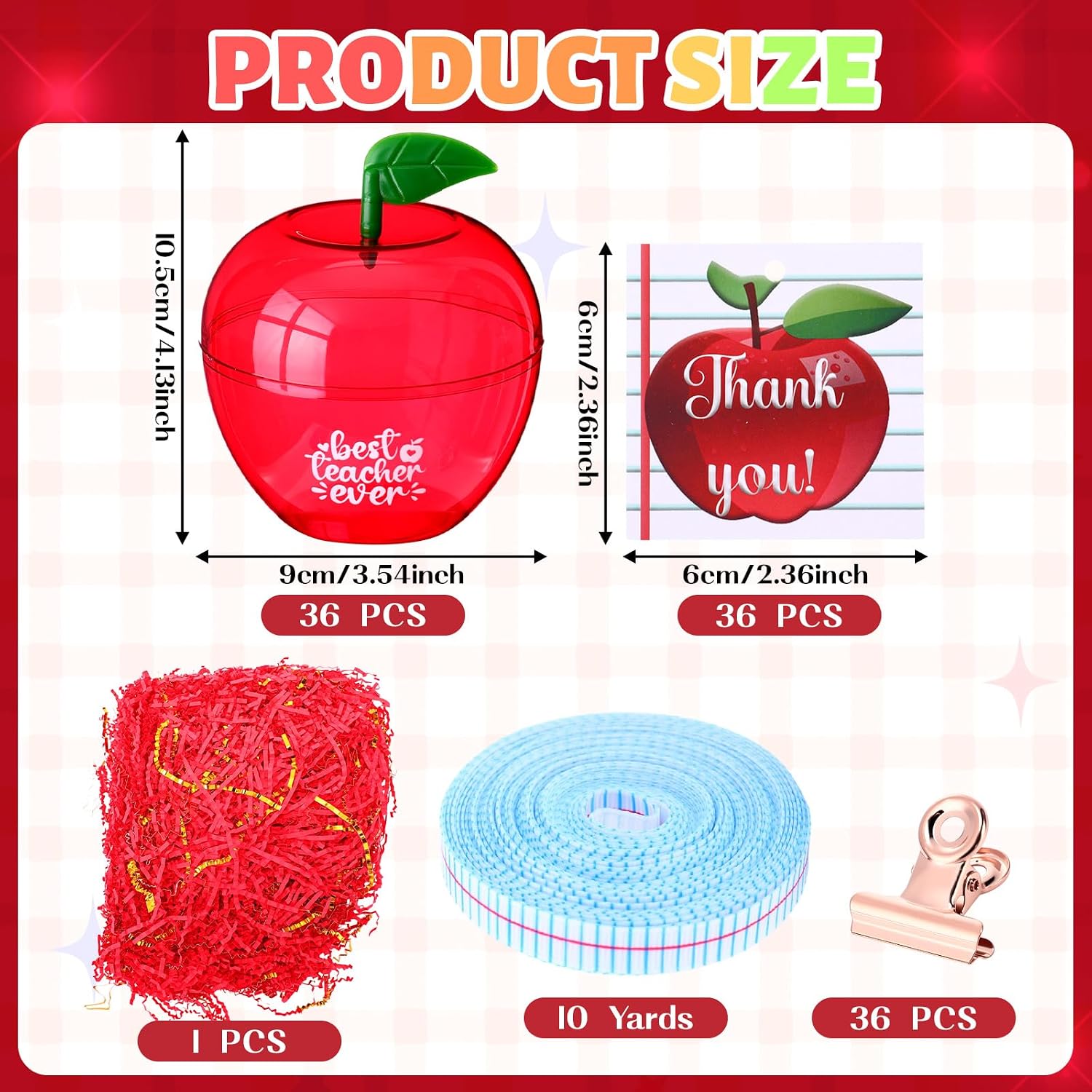 36 Sets Large Apple Containers for Teacher Back to School Classroom Gifts Bulk Red Plastic Apple Containers with Thank You Cards Ruler First of Day School Gifts for Teachers