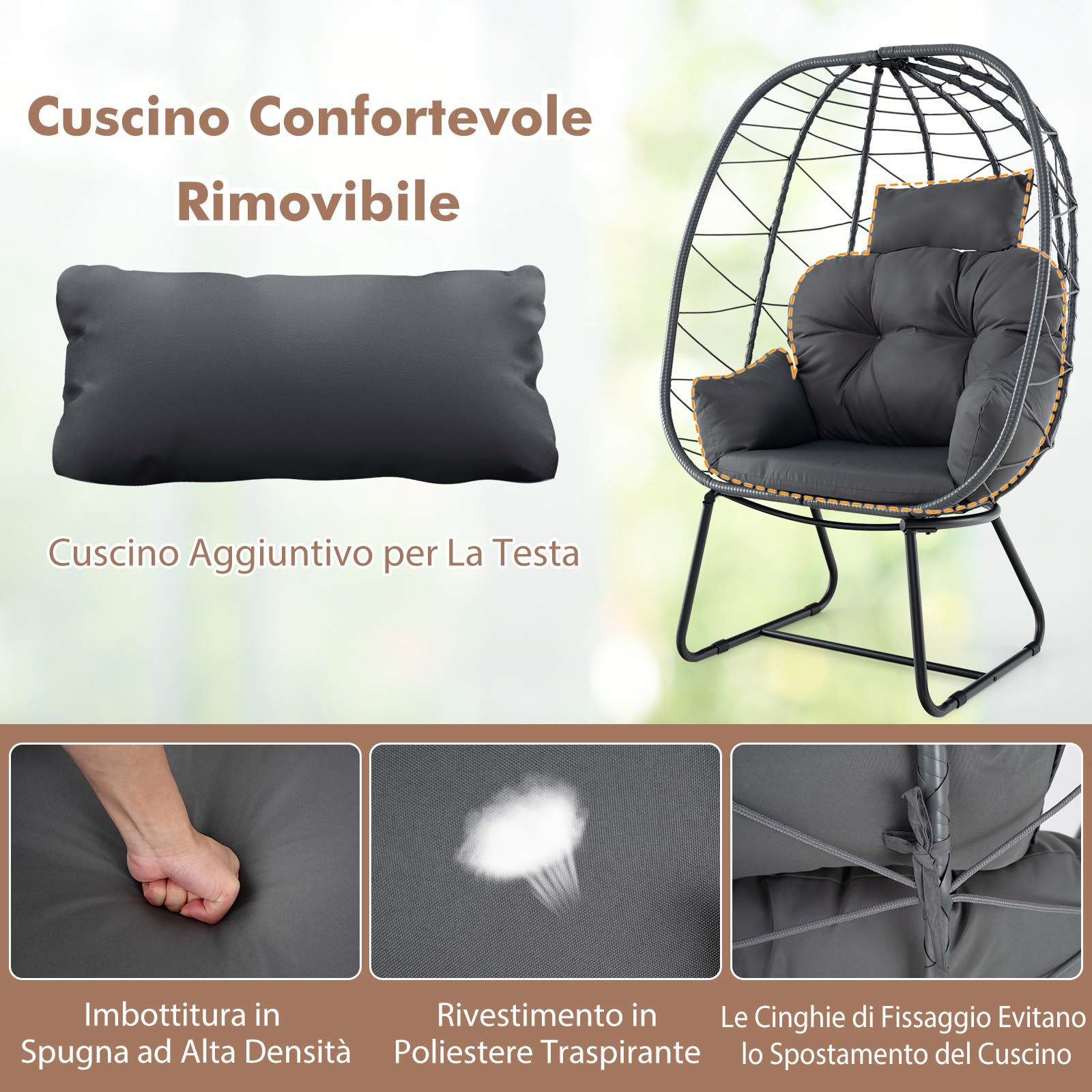 COSTWAY Poltrona in Rattan da Giardino, Cuscino Rimovibile (Grigio)