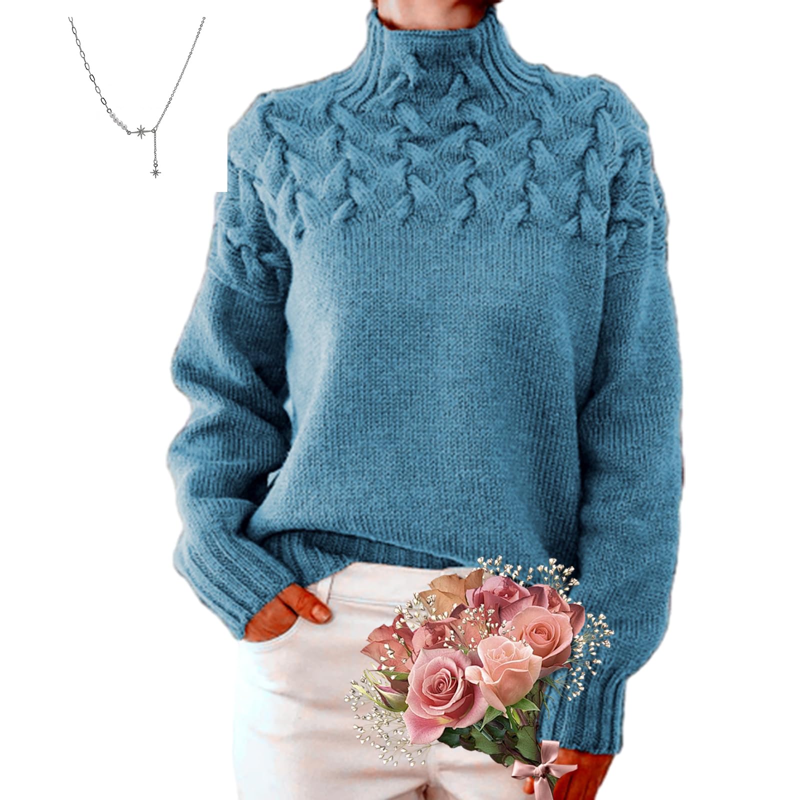 Kaschmir-Pullover mit hohem Halsausschnitt, gemütlicher Strick-Rollkragenpullover, Zopfstrick, Kaschmir-Pullover für Damen, weiche, warme Strickpullover