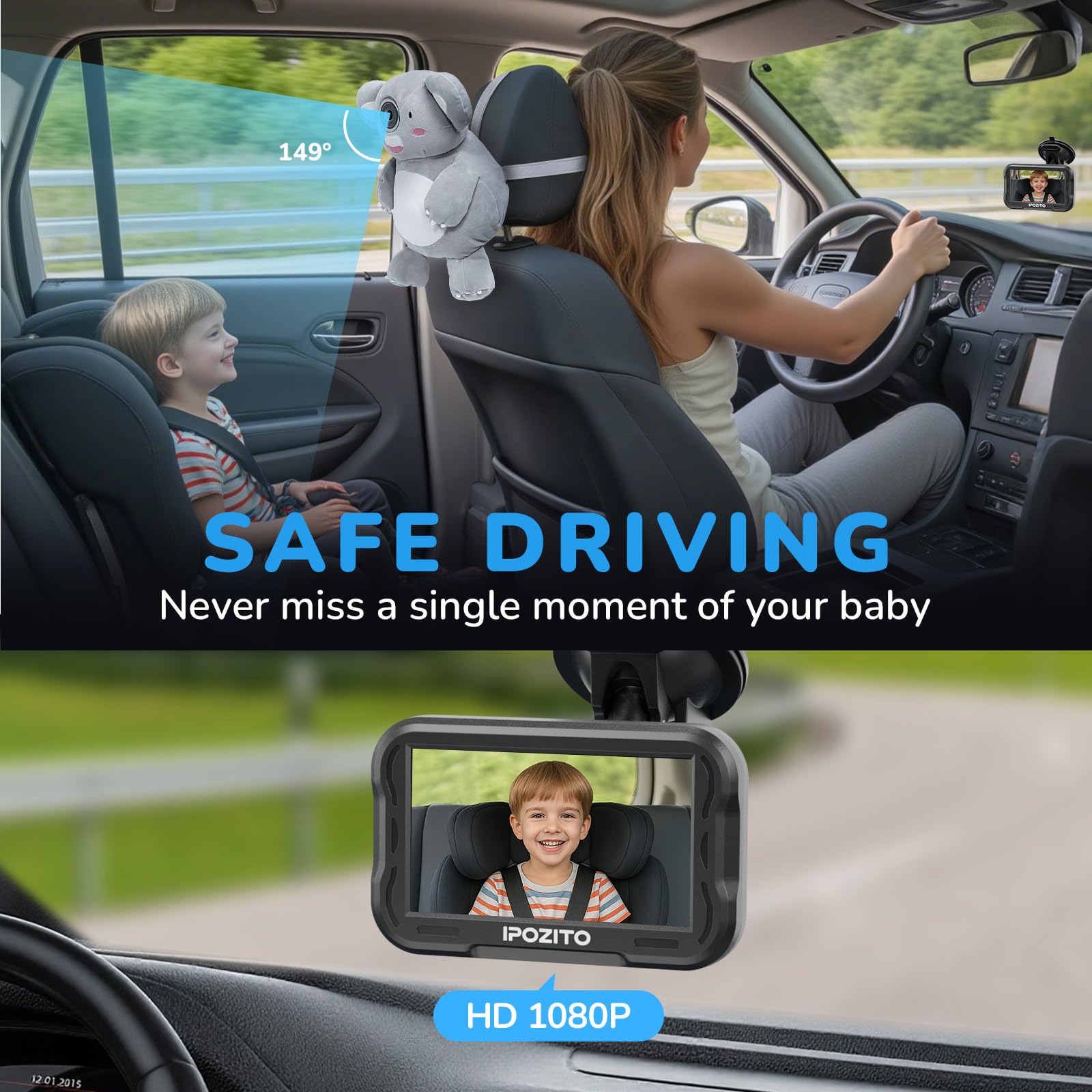 Caméra de voiture pour bébé avec vision nocturne HD 1080P Koala pour garder votre bébé en sécurité et sourire, caméra arrière pour enfants, nouveau-nés, animaux domestiques ACZ439