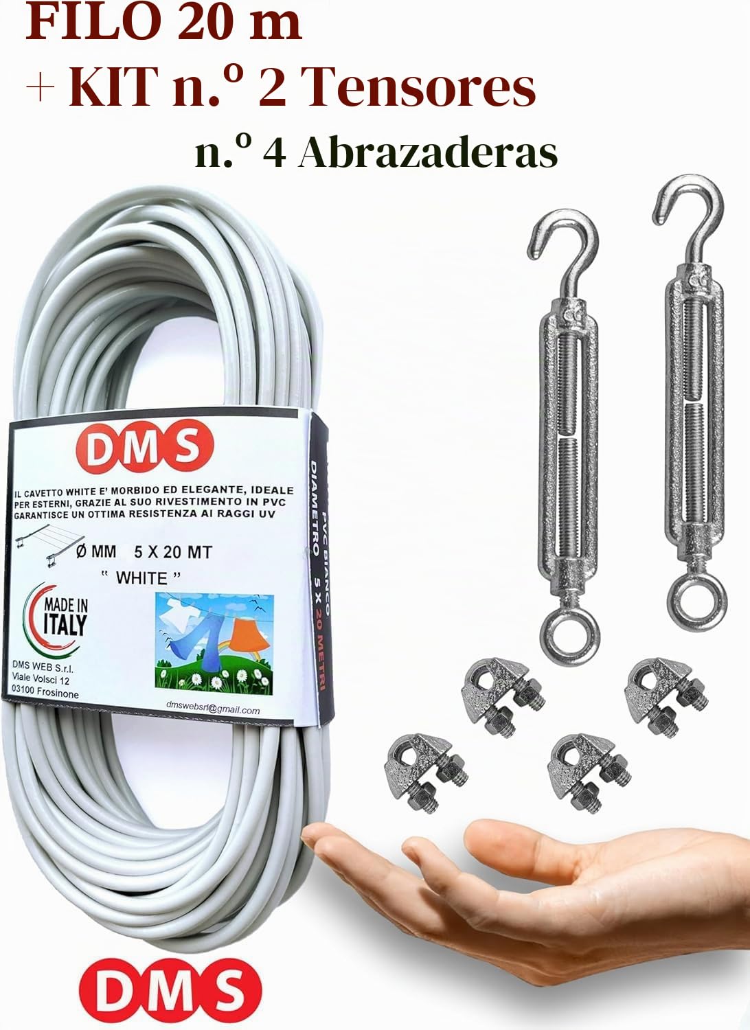 DMS Hilo para tender la ropa de exterior, 20 m x 4,5 mm de diámetro, resistente, cable de acero revestido, tendedero fabricado en Italia (20 m)