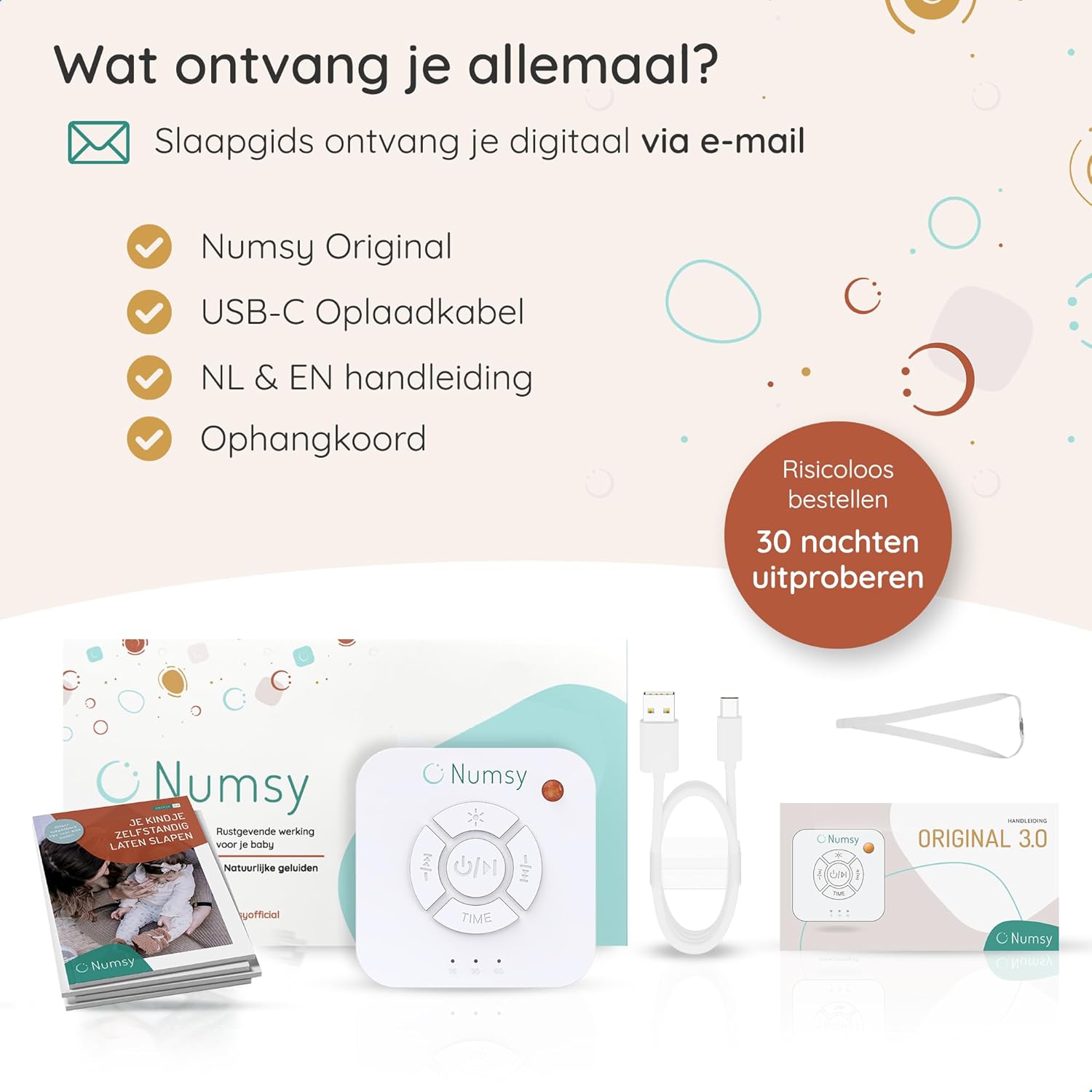 Contents of the Numsy Original 3.0 package, including the device, USB-C cable, manual, and hanging cord.