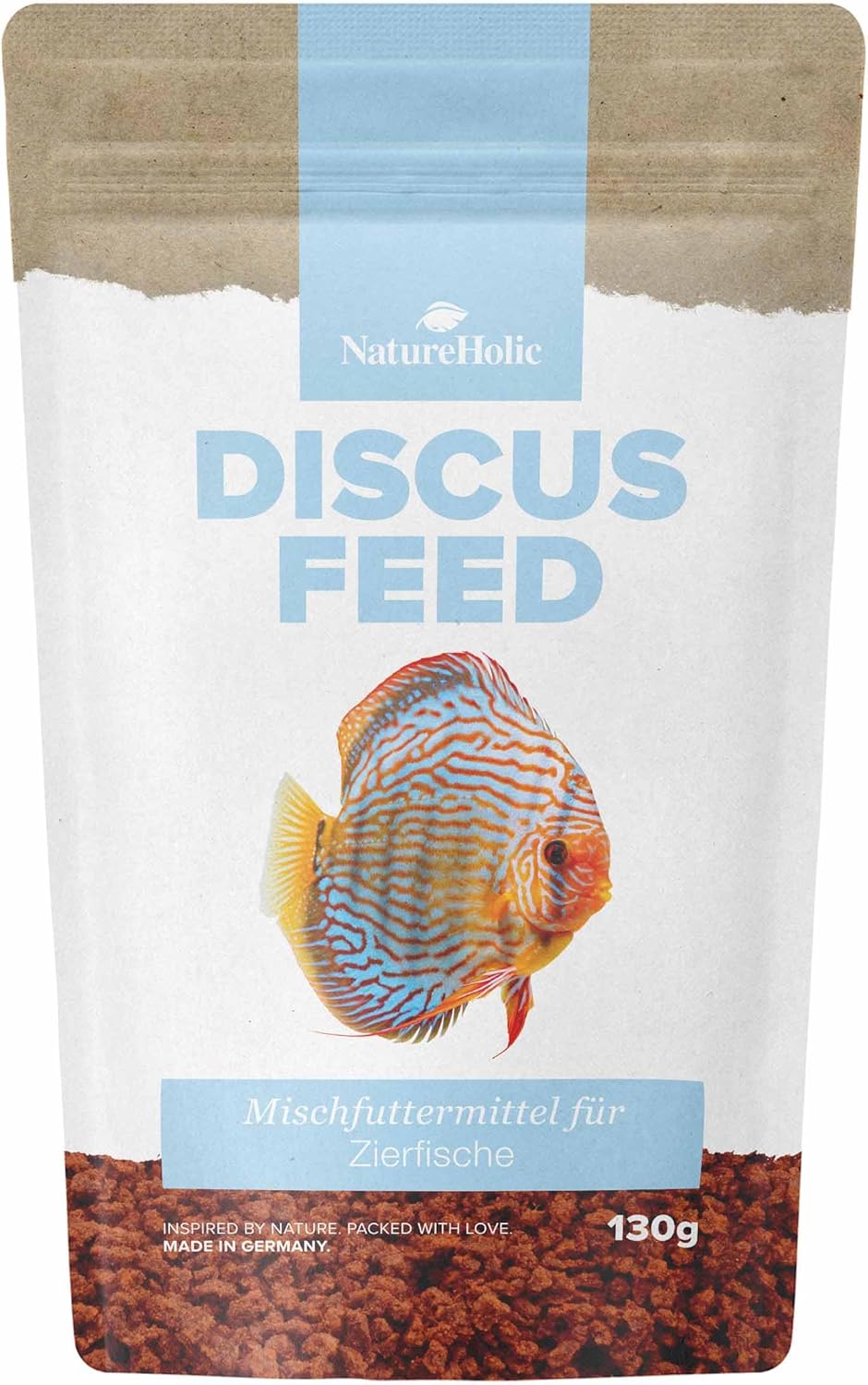 NatureHolic Discusfeed – Hauptfutter für Diskusfische – speziell für Diskusfische – garantiert ohne Rinderherz – mit Omega-3-Fettsäuren – für schöne Farben – 130 g