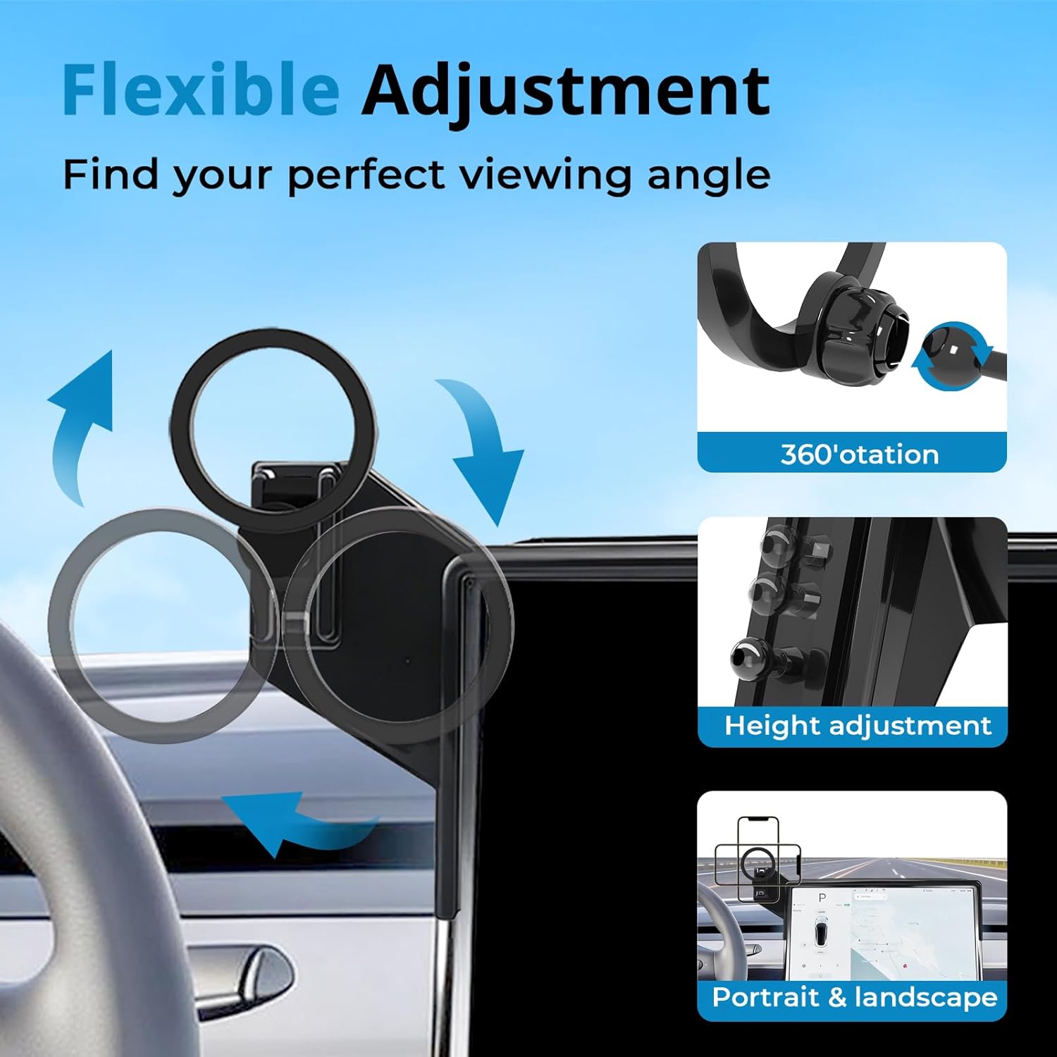 Car Phone Holder for Tesla Model Y 2020 2021 2022 2023 2024 2025 & Model 3 2017 2018 2019 2020-2023, Compatible MagSafe, 360° Rotation, Super Strong Magnetic Attraction(for 15 inch Screen only)