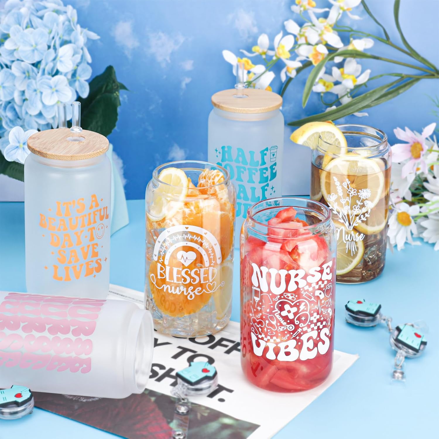 Nurse Gifts For Women,Nurses Practitioner Gift for Women Bulk 2026,Nurse Week Appreciation Gifts,Nurses Glass Cups Badge Clips Cosmetic Bag Set of 6