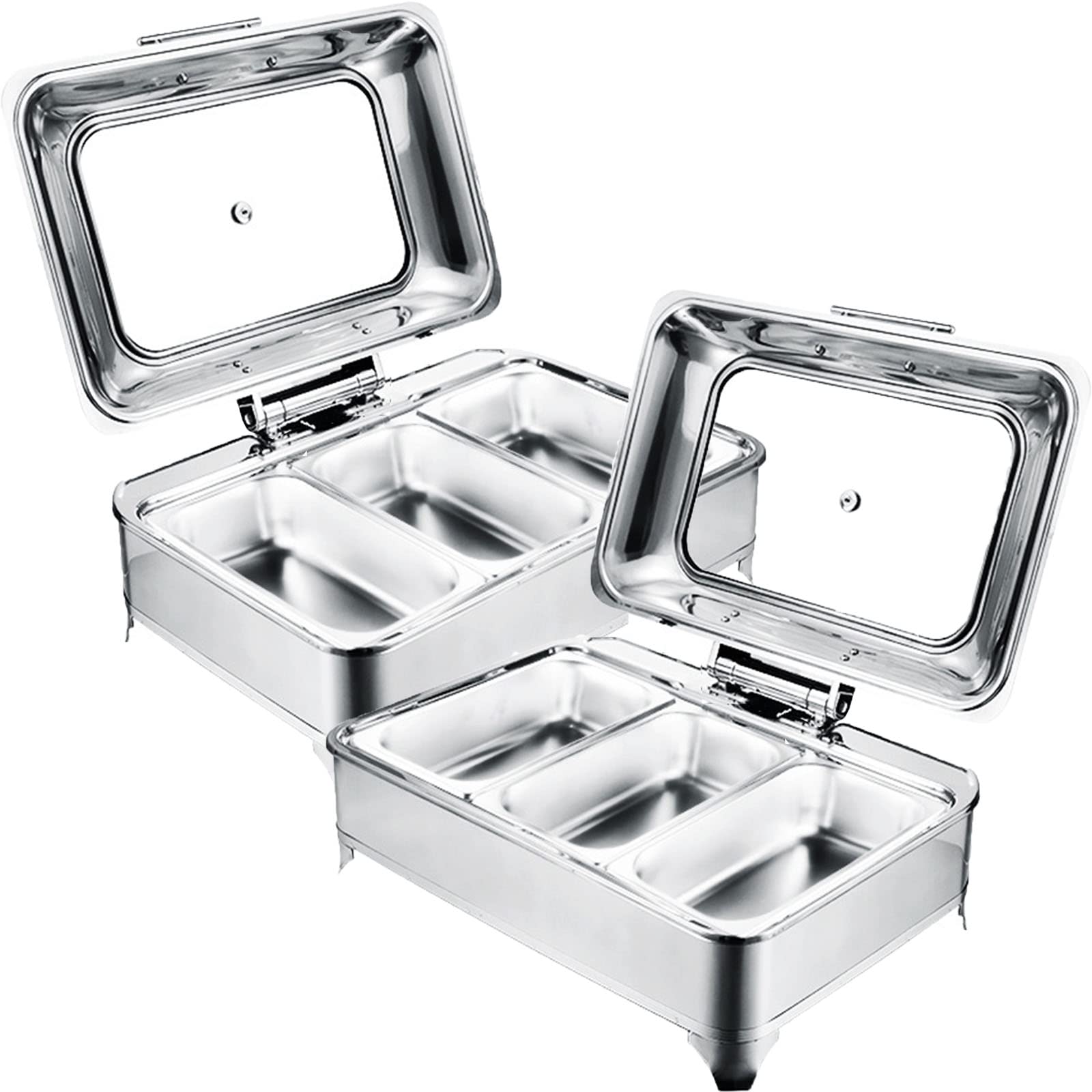 Calentador De Buffet 9L Acero Inoxidable Recipientes De Alimentos con Tapa Transparente Portátil Bandeja Alimentos Calientes con Tapas Transparente Temperatura Ajustable,3 Pan