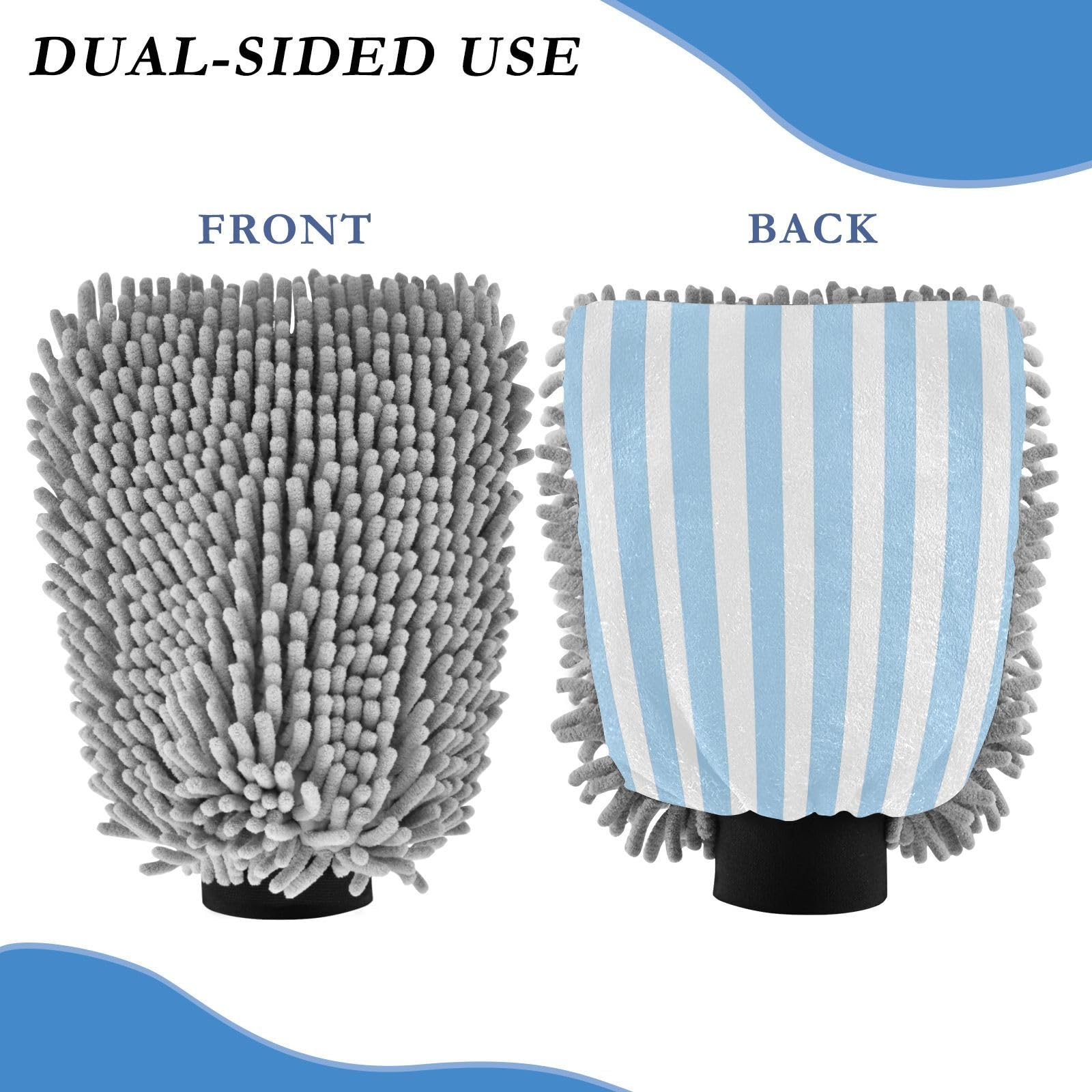 Kigai Blue Stripe Car Wash Mitt Microfiber, 2Pcs Scratch Free Lint-Free, Premium Chenille Microfiber Mitt Car Wash Brush-L