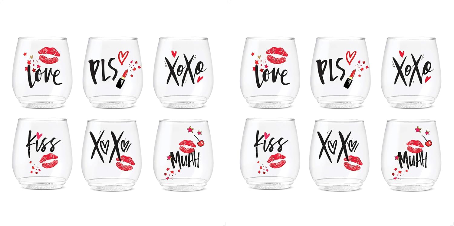 TOSSWARE POP 14oz Vino XOXO Series, SET OF 6, Premium Quality, Recyclable, Unbreakable & Crystal Clear Plastic Printed Glasses (Pack of 2)