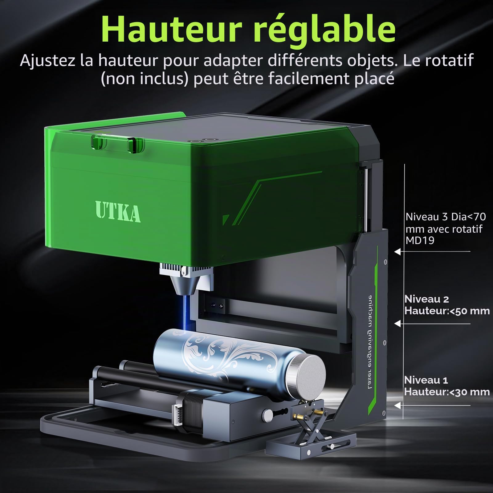 UTKA A1 10W Mini graveur laser avec Cemera, graveur laser portable de 3,93 * 3,93 pouces et machine de coupe pour le bois, le papier, le plastique, le cuir, le tissu, la nourriture, le métal peint