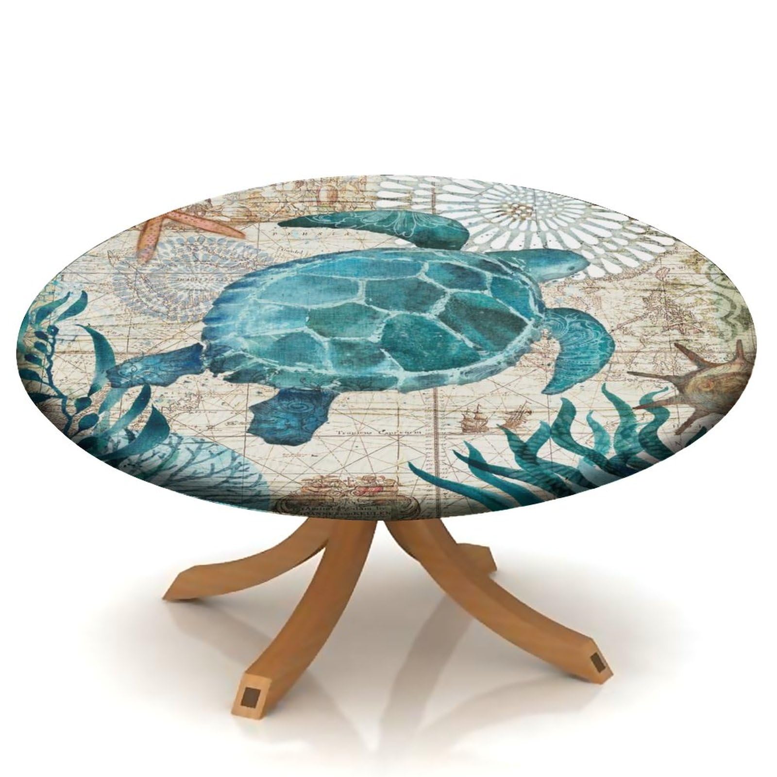 igoga sports Fitted Tablecloth Round, Elastic Edge Table Covers - Indoor Kitchen Dinning Room or Outdoor Picnic Party Dining Tables Decoration Fits Tables Up to 48''-52'' Diameter, Turtle-1
