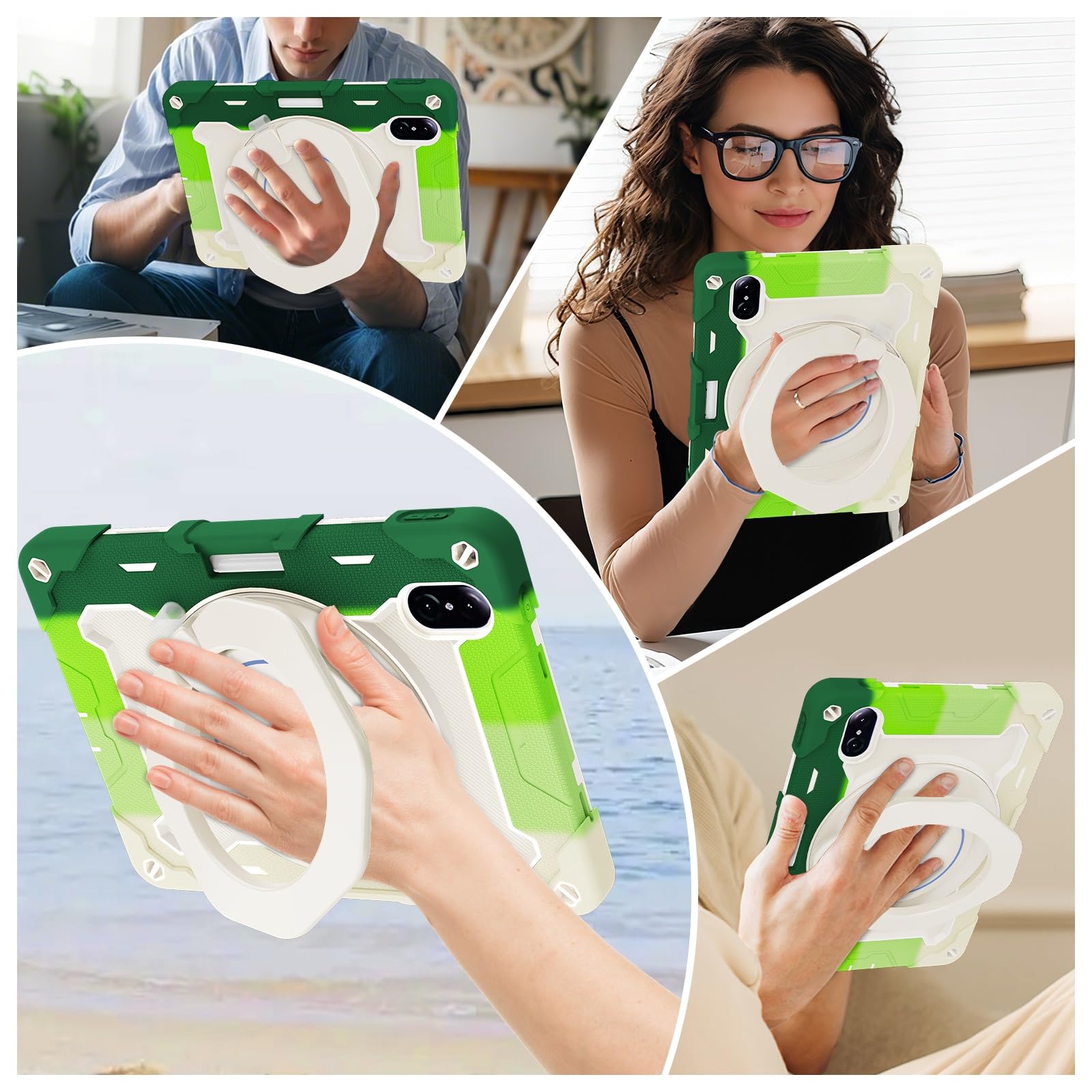 Wytrzymałe etui ochronne do Honor Pad V8/V7 Pro 11 cali, obrotowa podstawka 360°, pasek na ramię, uchwyt ołówek i pierścień uchwytu, odporna wstrząsy osłona dla dzieci dorosłych(Green White)