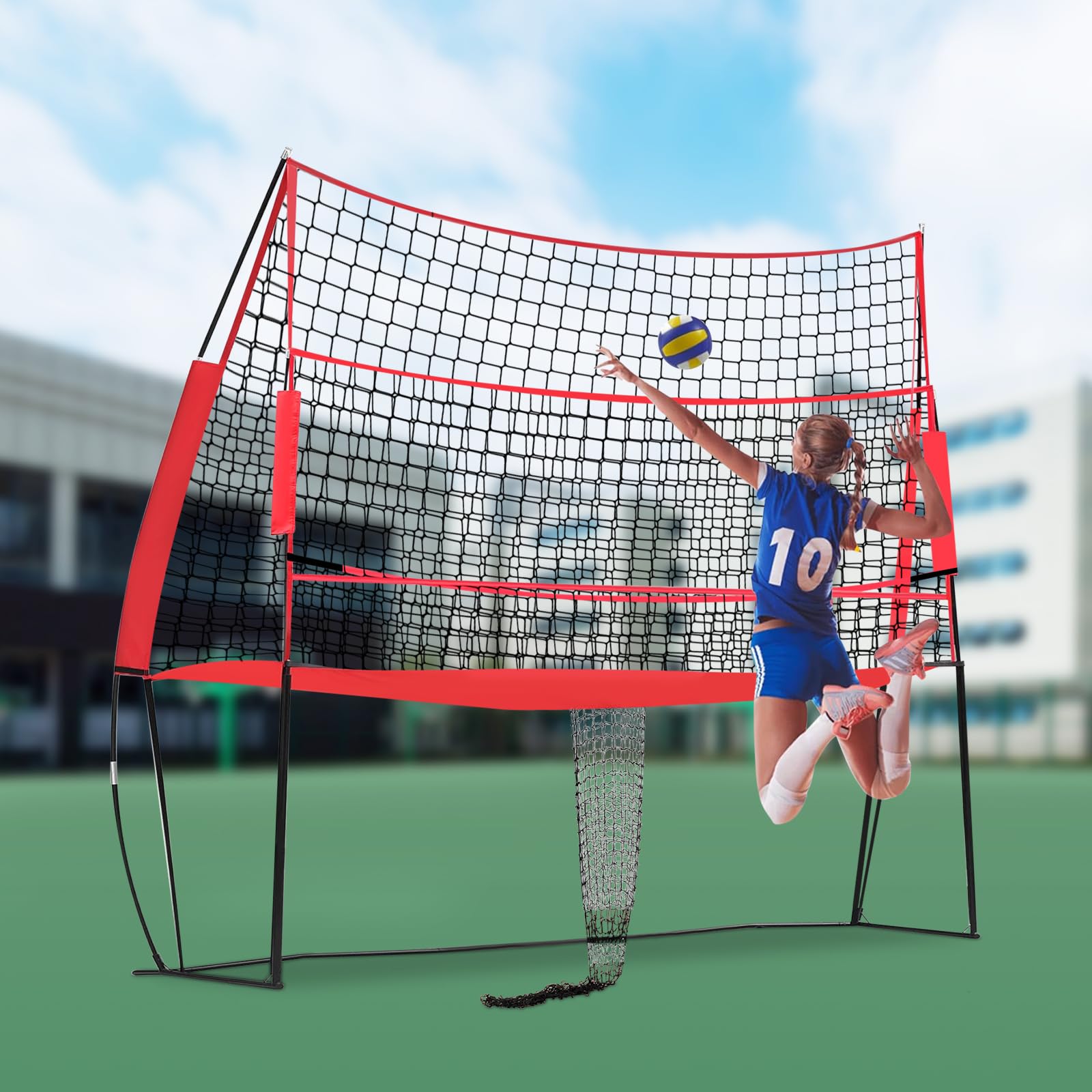 Volleyball Training Equipment, 11 X 8ft Volleyball Practice Net Station, Adjustable Height Volleyball Net,Volleyball Training Net for Home, Gymnasium,School,Playground (Red)