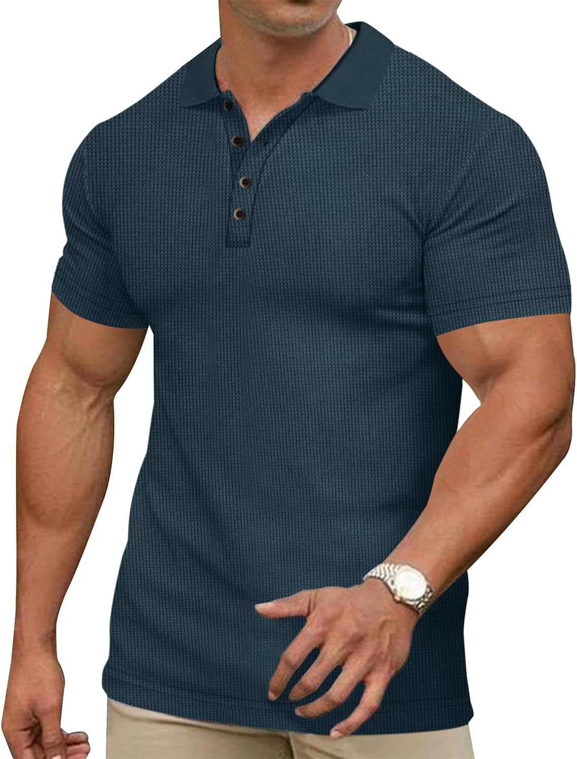 Men's Casual Polo Shirts Classic Button Basic Short Sleeve Waffle Solid Fit Golf Tees Stylish Tops - Image 3