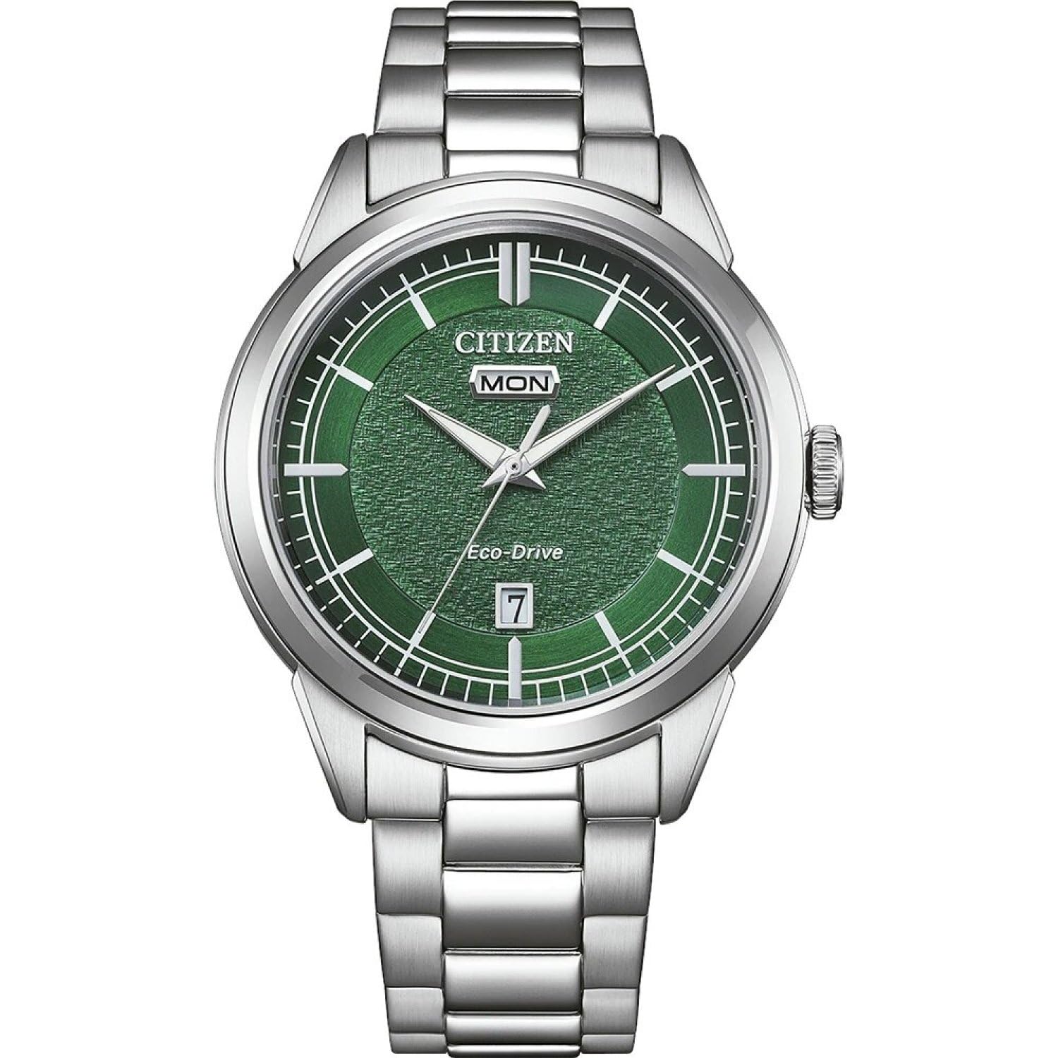 Citizen Eco-Drive Herrenuhr Edelstahl, Grün, 40.5 mm, AW0151-85XC | Analog Quartz | Kristallglas | 10 bar Wasserdicht | 240 Tage Gangreserve | Edelstahlband