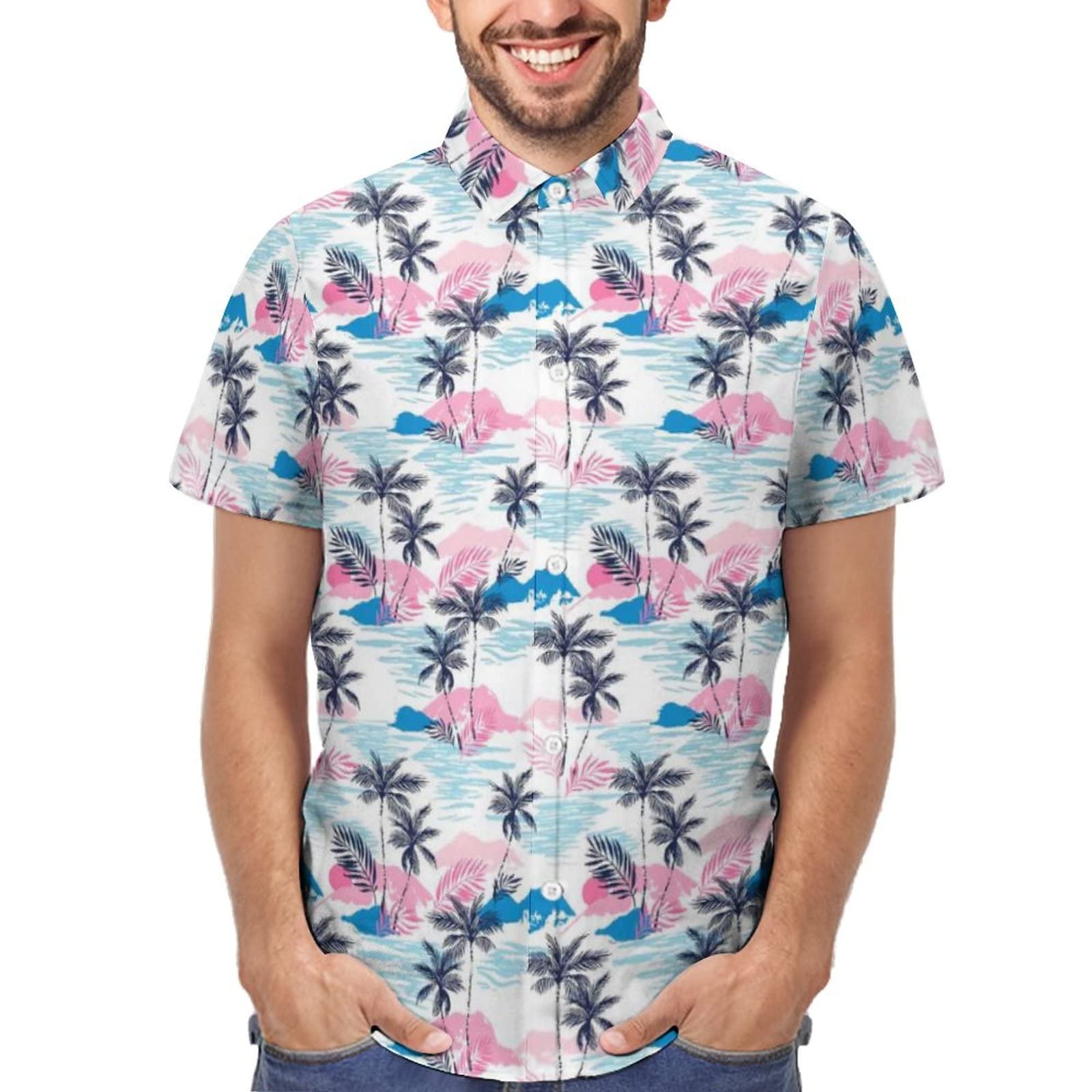 CAIJI Men's Button Down Shirts Red Rose Dress Shirts Short Sleeve Polo Shirts Regular Fit S-5XL