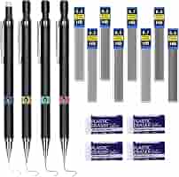 Lot De 4 Porte-Mines 0.3/0.5/0.7/0.9 Mm Avec Mines HB Et Gommes - Pour Dessin, Écriture Et Croquis - Cadeau Étudiant