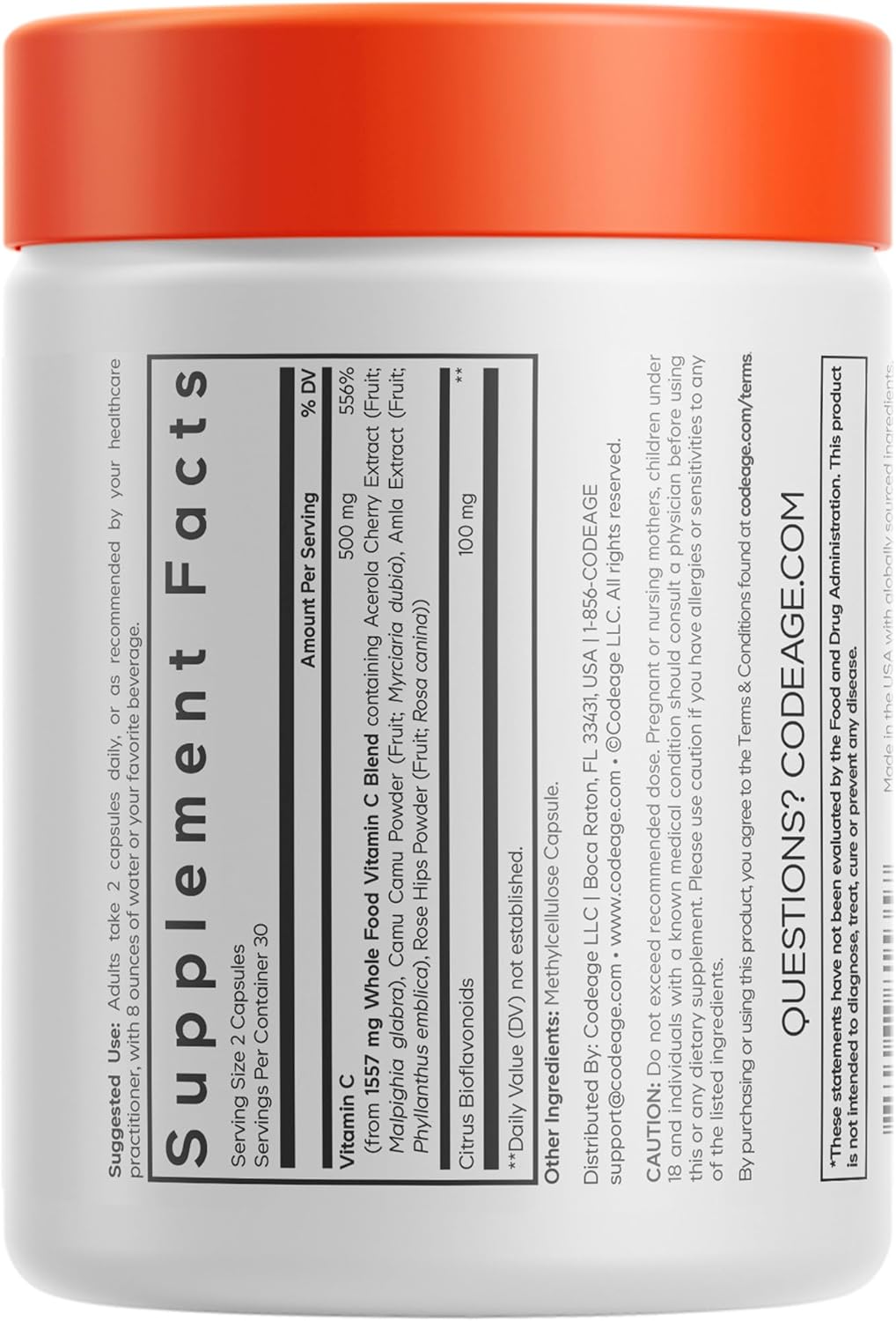 Codeage Whole Food Vitamin C Supplement - Acerola Cherry, Camu Camu, Amla Berry & Rose HIPS Blend - Citrus Bioflavonoids - Instantfood Energy Vitamins - 500mg Vitamin C Pills - Non-GMO - 60 Capsules - Image 2