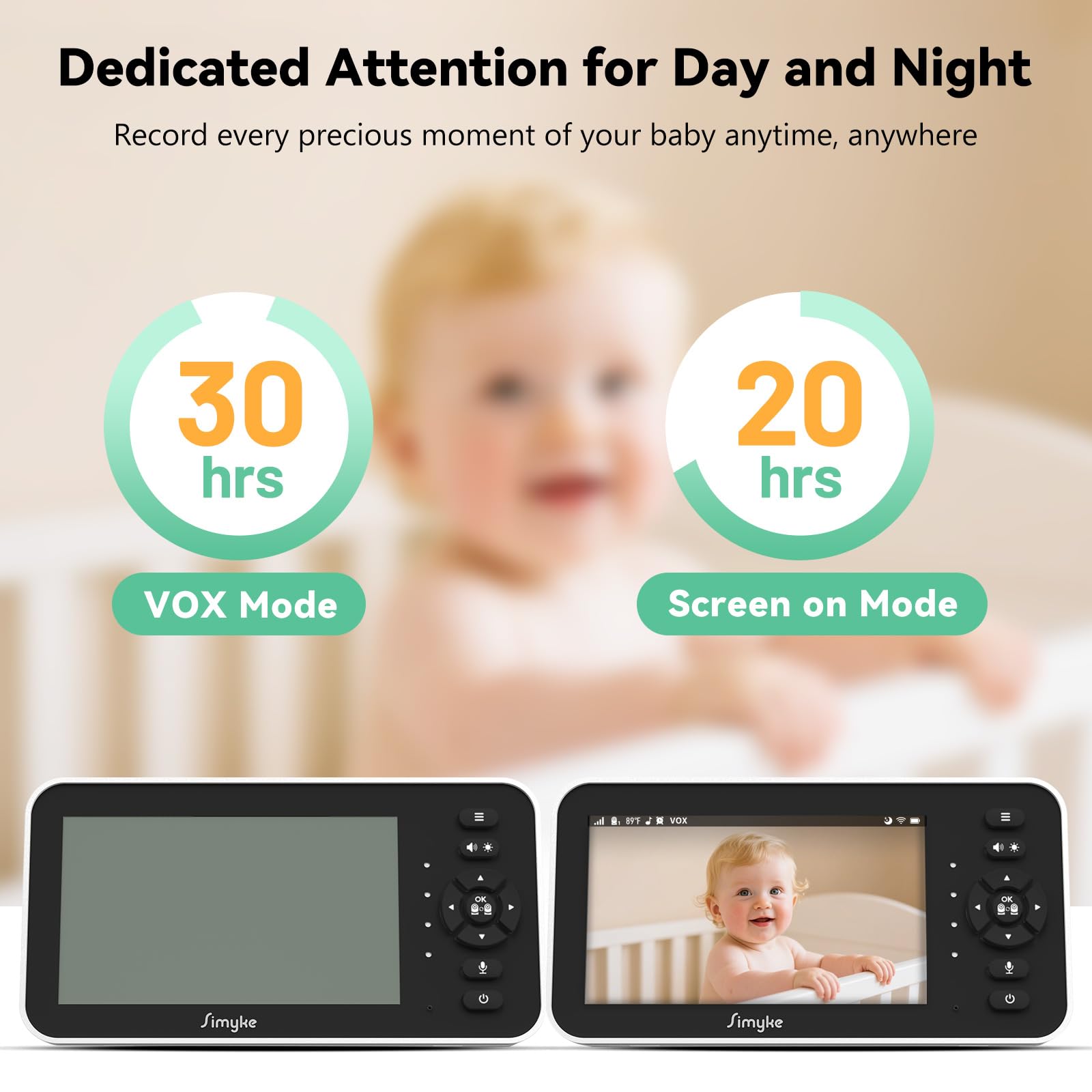 Simyke 1080P Video Baby Monitor with 2 Camera- 5'' IPS Screen with App Control, HD Night Vision, Motion Alerts, 2-Way Talk - Image 3