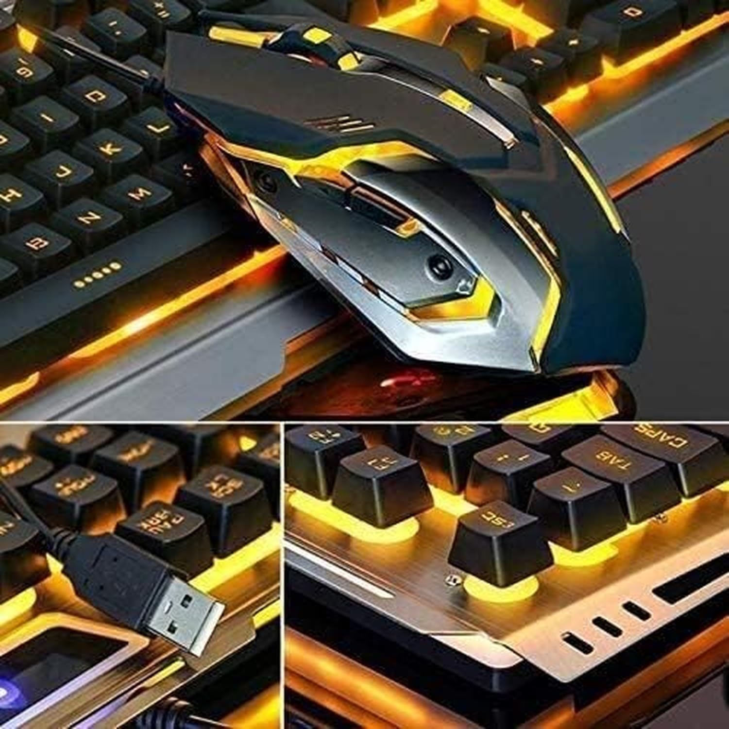 Klawiatura mechaniczna przewodowa USB podświetlana żółtym światłem do gier i biura ergonomiczna z myszką stopy wolframowe