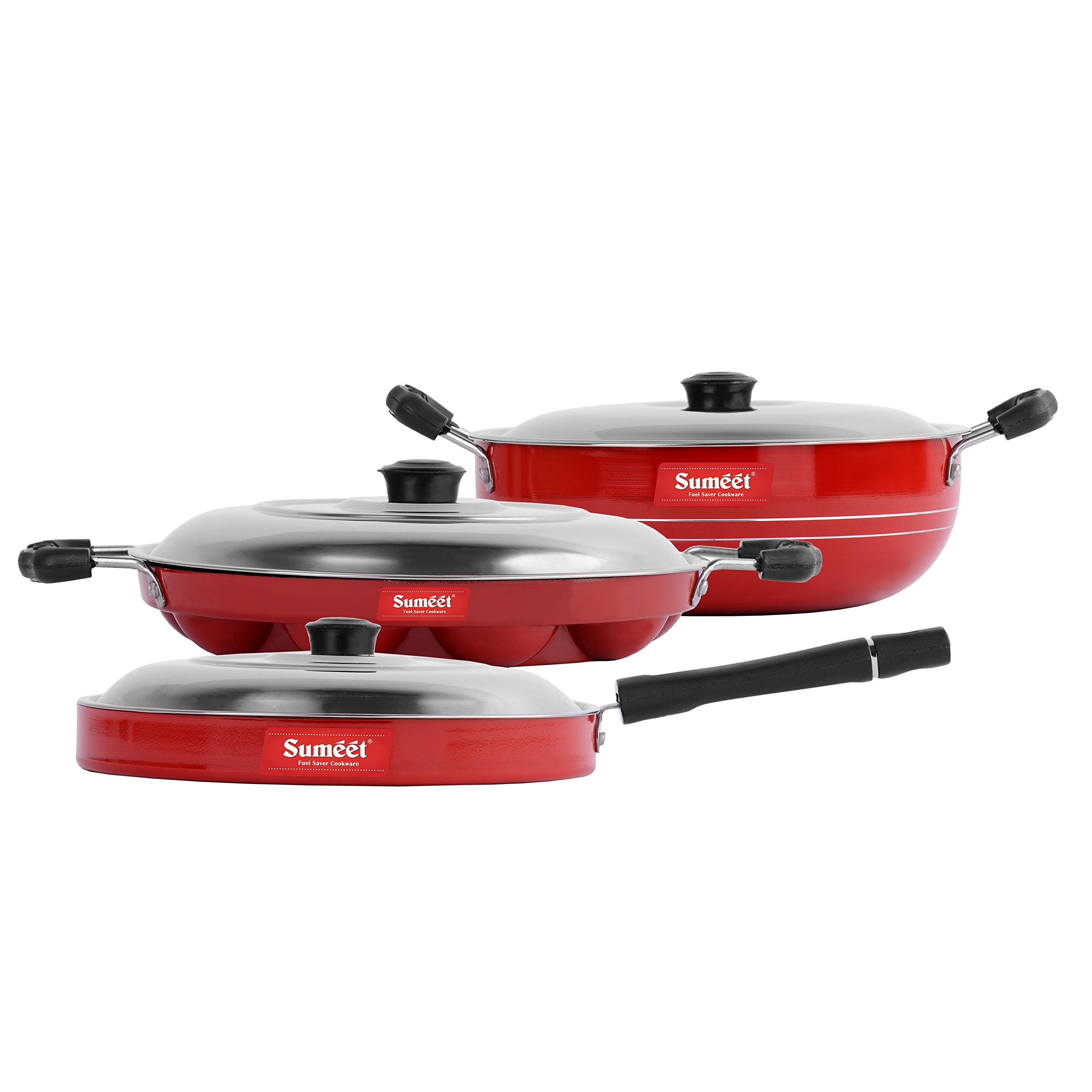 Sumeet Kara Aluminium Kara Combo Set Kadhai, Grill Appam Patra With Lid, Pizza Pan, 1.5 L, 1 Kadhai With Lid ,1 Grill Appam Patra With Lid,1 Pizza Pan With Lid (Red)