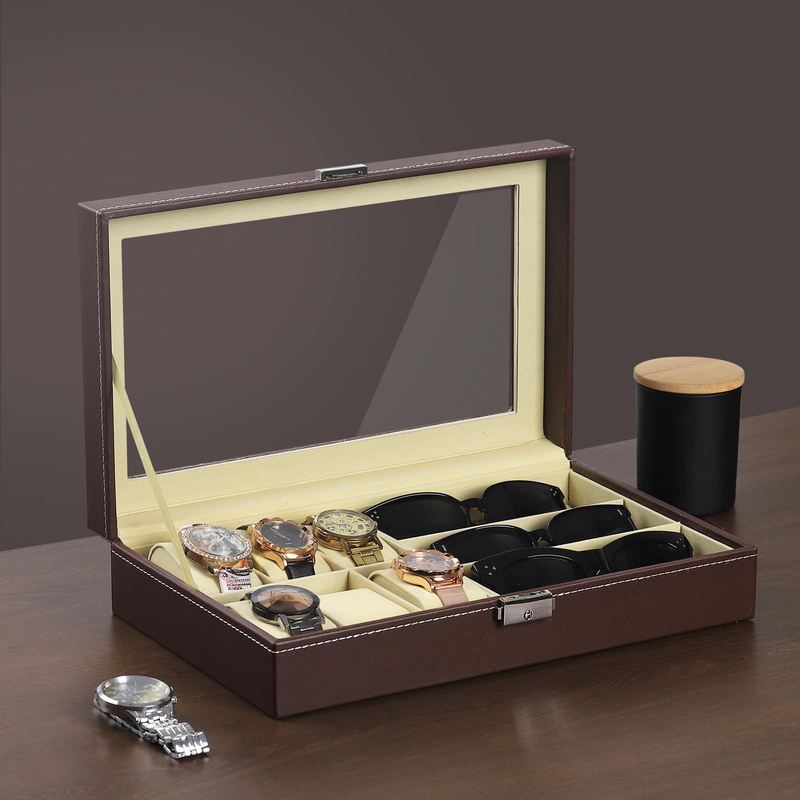 Coffret A Montre Homme AUTOARK Boîte à Bijoux En Similicuir Pour 6 Montres Et 3 Lunettes De Soleil, Marron AW-020 Coffret Rangement Montre