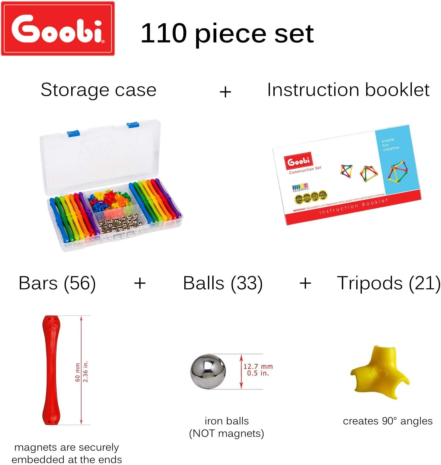 Goobi Magnetic Building Sticks Blocks Toys Magnet Construction Set Tiles Toy Montessori STEM Educational Toys for Ages 3 4 5 6 7 8 Kids (110 Pcs, 110, Pieces)