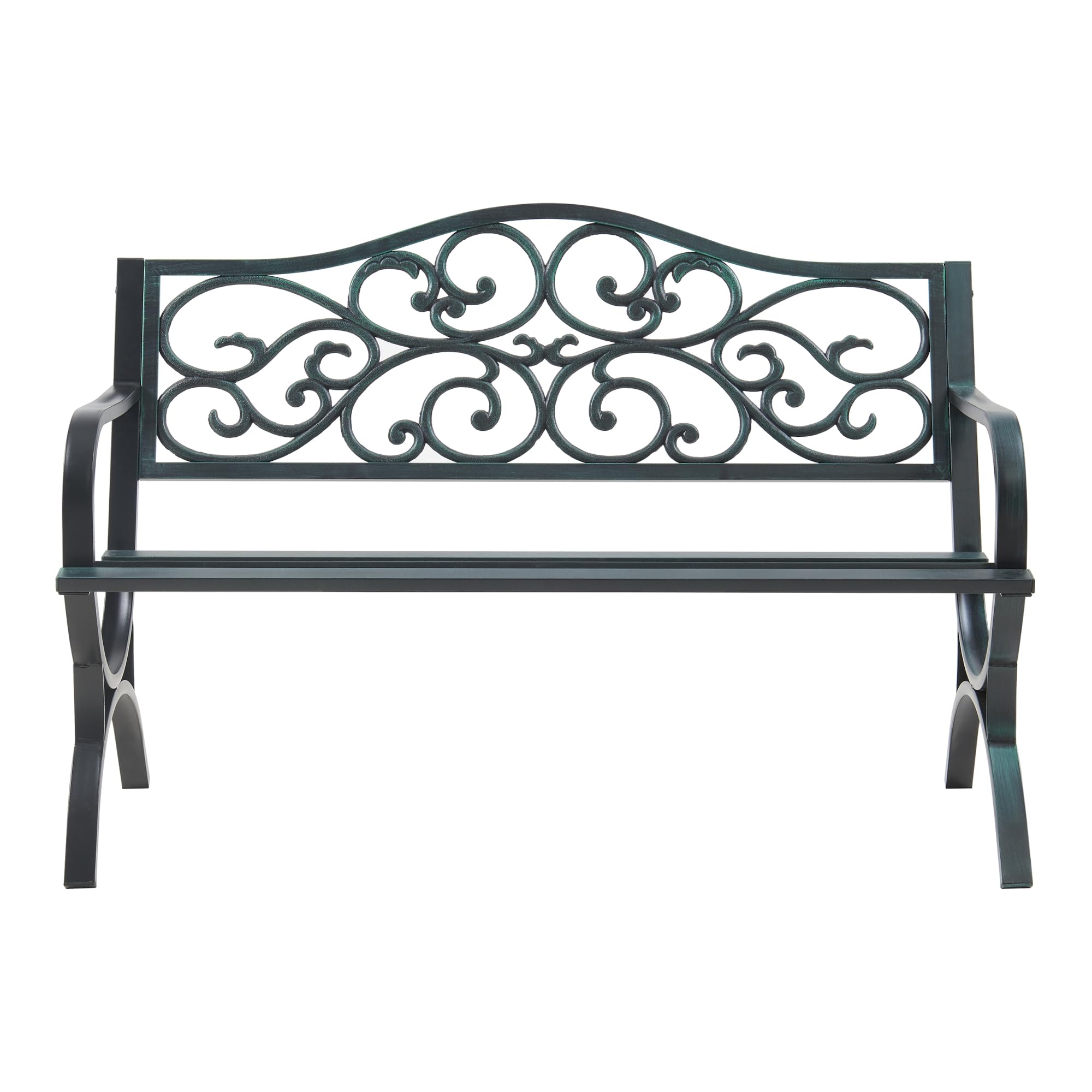 casa.pro Banco de Jardín Exterior Utav Resistente Sofá de 3 Plazas con Respaldo y Reposabrazos Diseño Vintage para Terraza Patio máx. 300 kg Acero 127 x 53 x 79 cm - Gris Oscuro con Pátina Verde