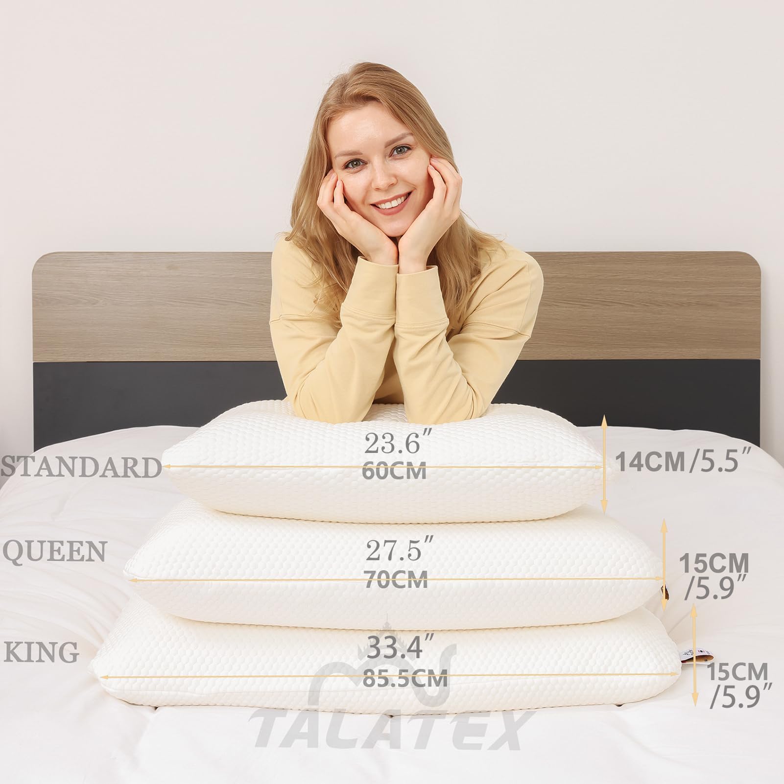 Talatex Oreiller en Latex Naturel 100% Pur, Aide à Soulager la Douleur et la Pression, Pas de Mousse à Mémoire de Forme, Oreiller en Latex Profond, Taille 60 x 40 x 13 cm, Lavable avec Taie en Tencel